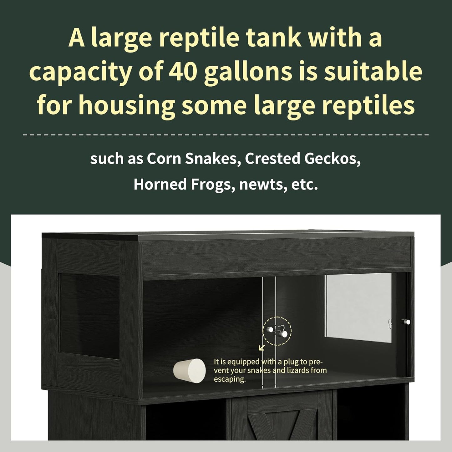 40 Gallon Reptile Terrarium Tank with Storage Cabinet, Reptile Tank with Stand, for Leopard Geckos, Corn Snakes, Juvenile Pets, Sliding Acrylic Doors, Mesh Top, Power Outlet, Black PX03RTB