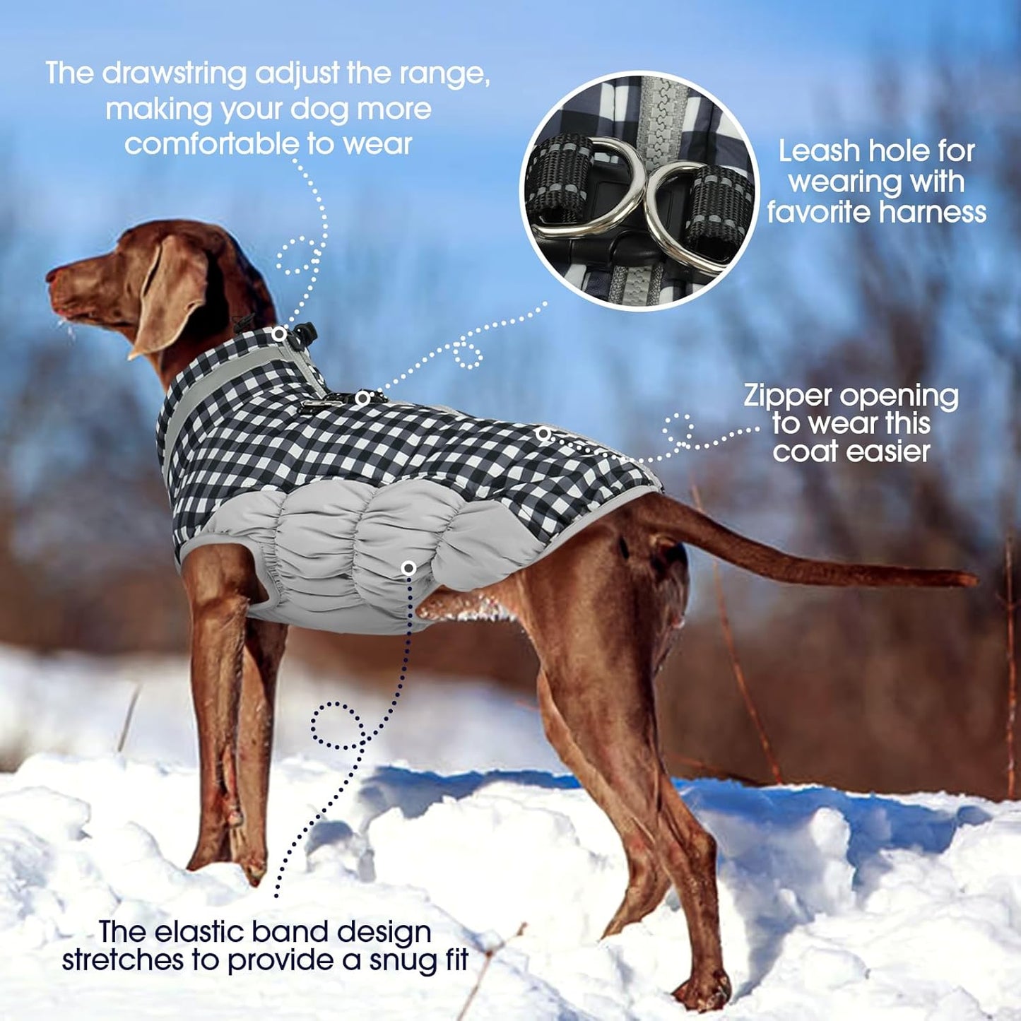 FUAMEY Dog Coat for Large Dogs,Waterproof Dog Winter Jacket with Harness Built in Puppy Cold Weather Coats Reflective Pet Vest with Zipper Warm Fleece Dogs Snowsuit Windproof Checkerboard L