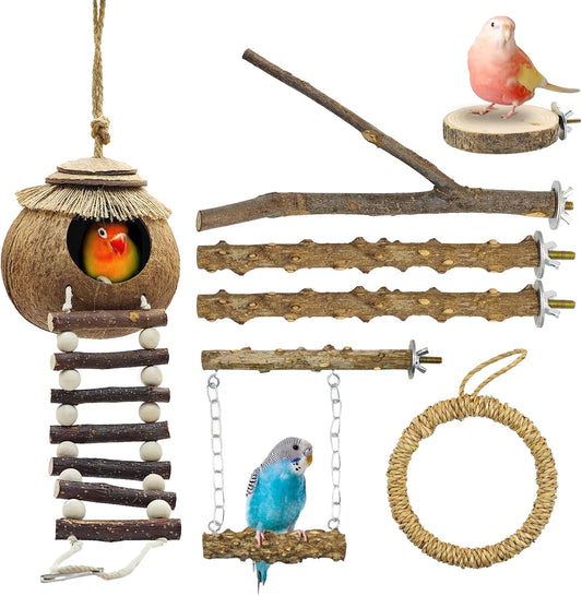 7PCS Bird Perches, Coconut Nest Hut with Ladder, Bird Swing and Stand for Small and Medium-Sized Parakeets, Conures and Budgies, Parrot Cockatiels Budgie Conure Finches Lovebirds