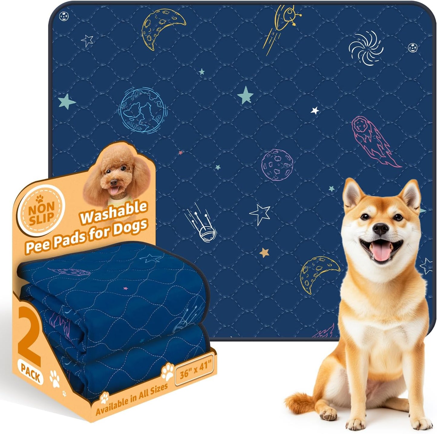 LOOBANI Pee Pads for Dogs Washable: Reusable Dog Pee Pads for Medium Pet, 2 Pack Waterproof Puppy Whelping Pads 36" x 41", Non-Slip Potty Training Mat for Dog Playpen, Floor, Cage, Sofa, Crate, Blue