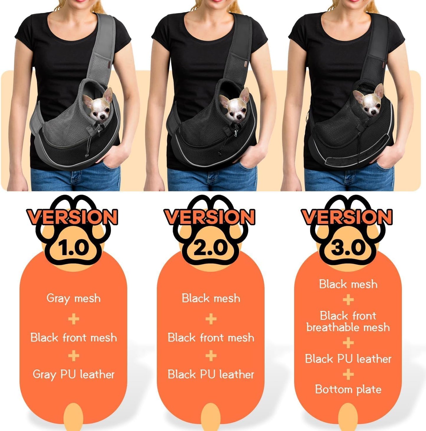 YUDODO Pet Sling Carrier for Small Dogs & Cats – Hands-Free Puppy Carrier with Safety Hook, Large Zipper Pocket, Soft Breathable Mesh, Adjustable Strap & Reflective Strip (Black 1.0 M)