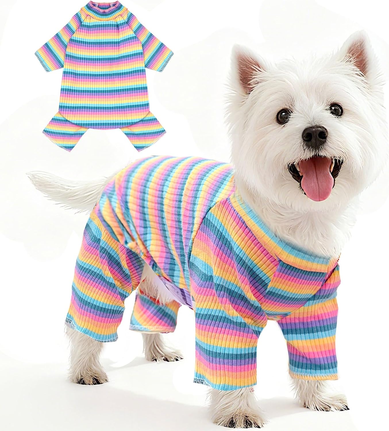 BAEJMJK Striped Dog Pajamas Stretchy Cute Four-Legged Boy Girl Dog Clothes with Sleeves Comfortable Dogs Jumpsuit Colorful Pet Puppy Outfits Apparel for Small Medium Dogs Cats(Pink,Pink,Small)
