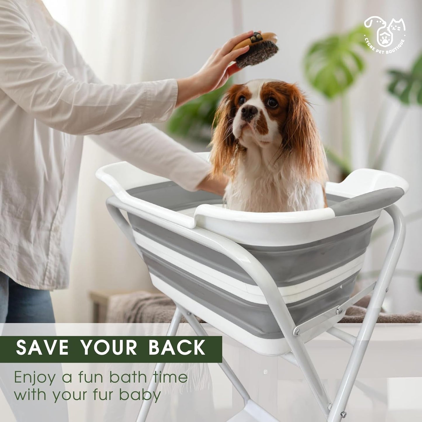 CYGNE 2-in-1 Dog Bathtub & Washing Station, Elevated Collapsible Bathtub with Drainhole & Storage Rack, Foldable Portable Indoor/Outdoor Pet Bathing & Grooming for Small Dogs Cats