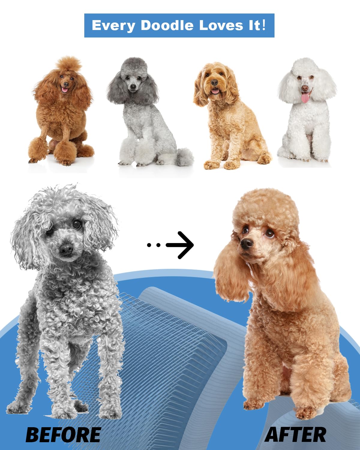 Dog Slicker Brush for Large Dogs, Professional Doodles Brush for Poodles, Goldendoodles and Labradoodles - Easy to Remove Tangles, Mats and Fluff - 3.8"x3.2" Head, 8" Wood Body