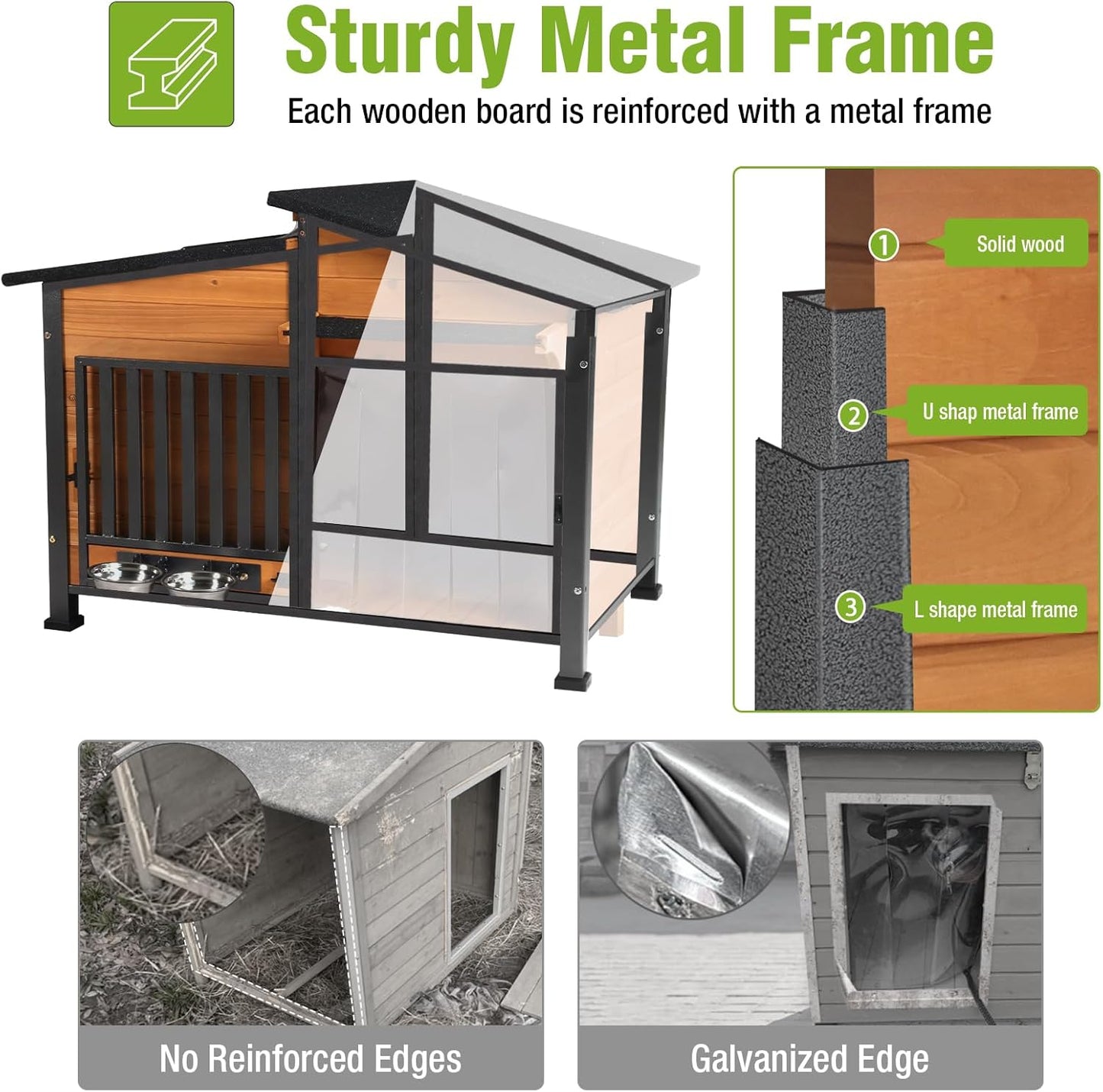 GUTINNEEN Heated Dog House Outdoor Dog Kennel with Safe Heated Pad, Chew-Proof Metal Frame and Rotating Food Bowl for Small to Medium Dogs, 39.7"x25.5"x32.2" (Dark Brown)