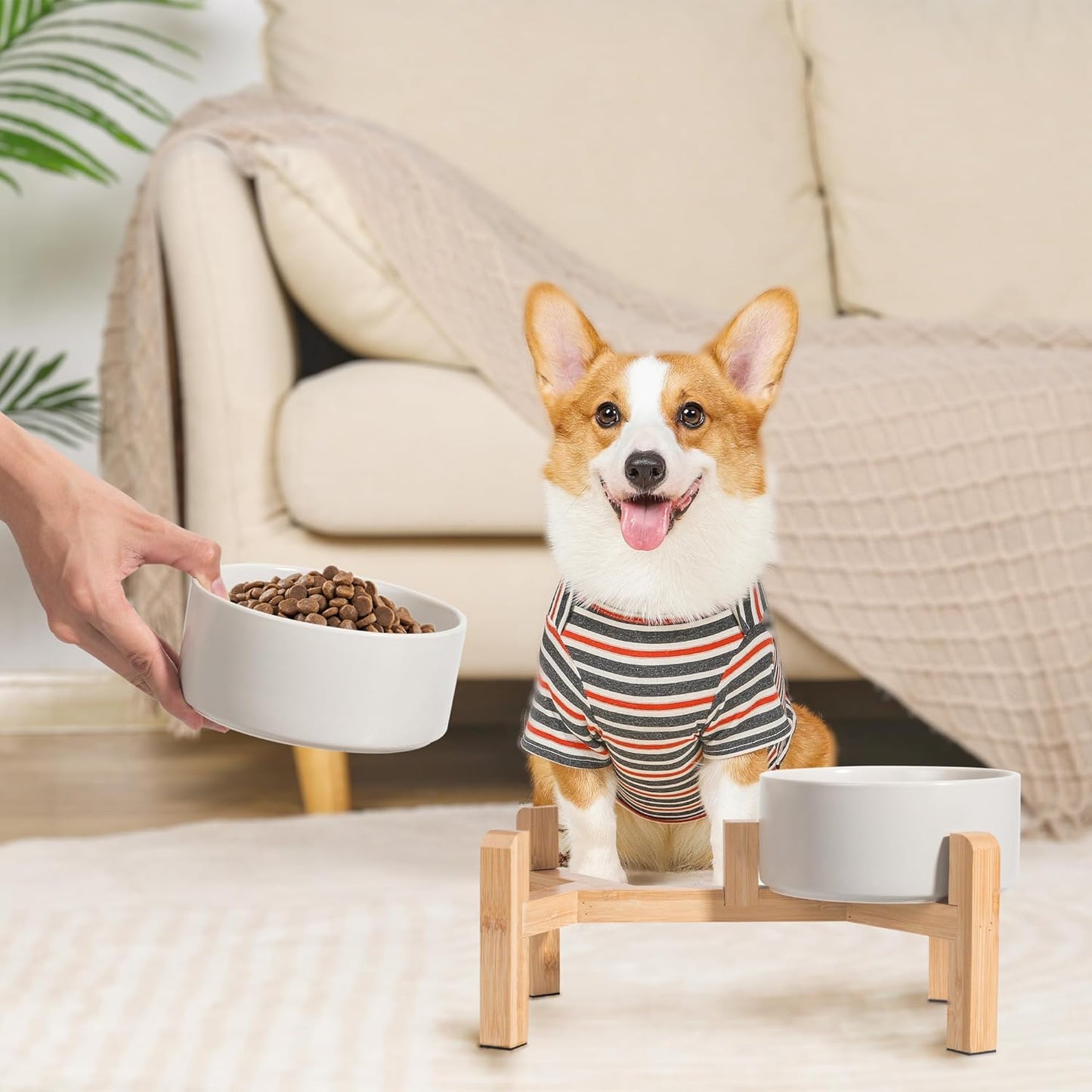 Elevated Ceramic Dog Bowl Set - Raised Dog Bowls with Non-Slip Bamboo Stand - Dog Food and Water Bowl Set - Double Dog Feeding Bowls - Suitable for Small and Medium Dogs - 28.74 OZ - 3.6 CUPS - 850 ML