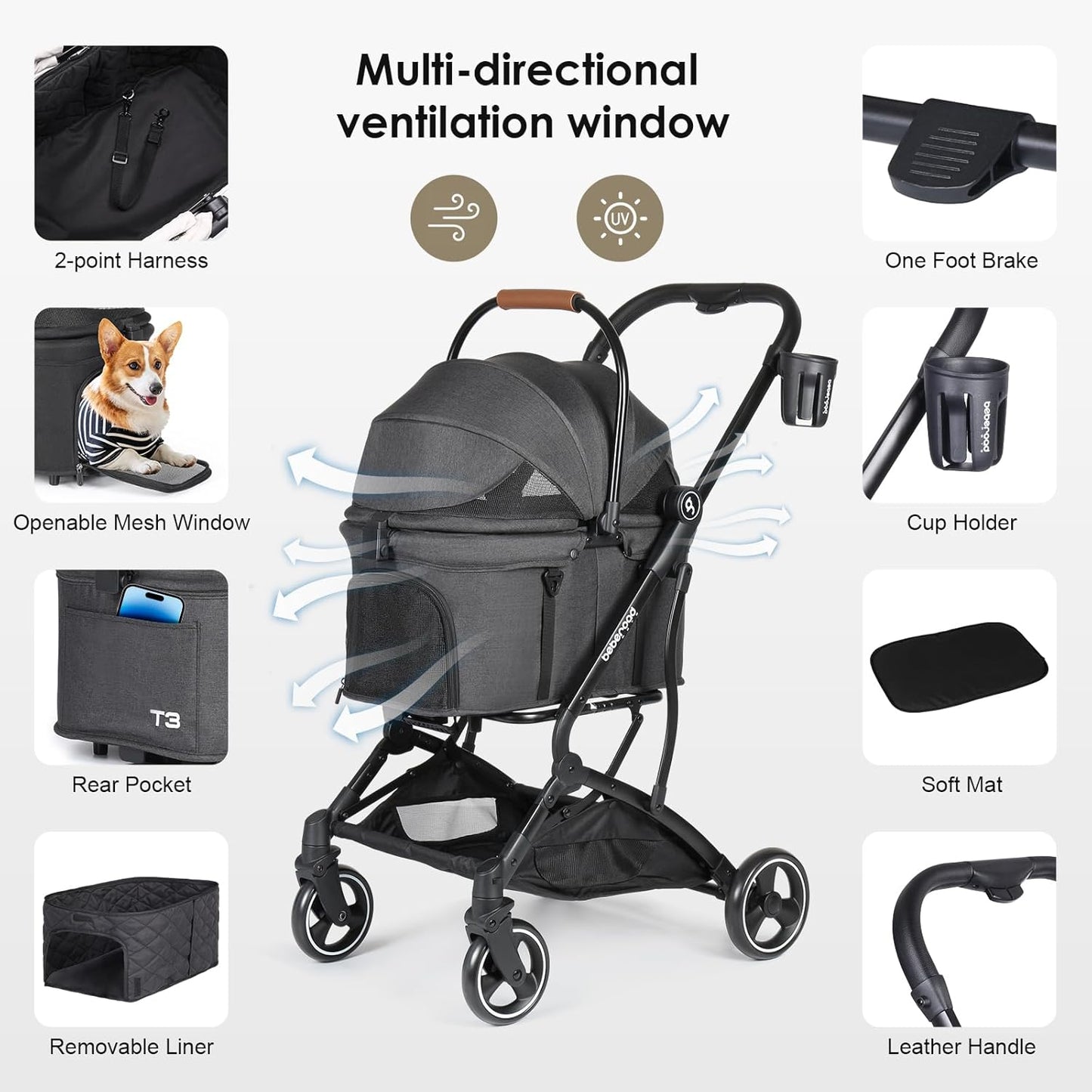 T3 Foldable Pet Stroller for Small Dogs & Cats – 3-in-1 Lightweight Design, 180° Canopy & Detachable Carrier (Black)