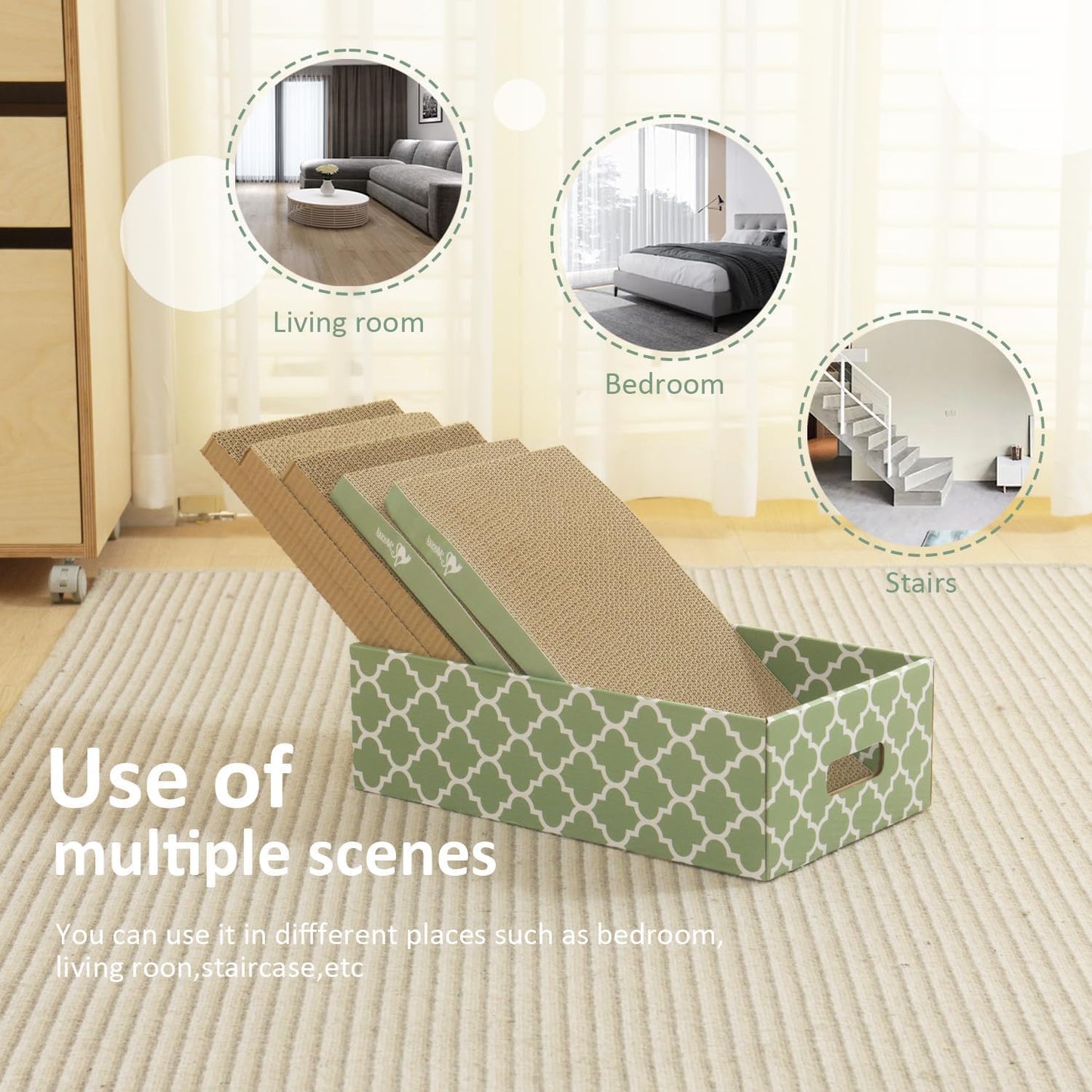 MECOOL Cat Scratching Board，5PC Cat Scratch Pad with Box，Reversible Corrugated Cat Scratcher Cardboard and Lounge Bed for Indoor Cats, Catnip