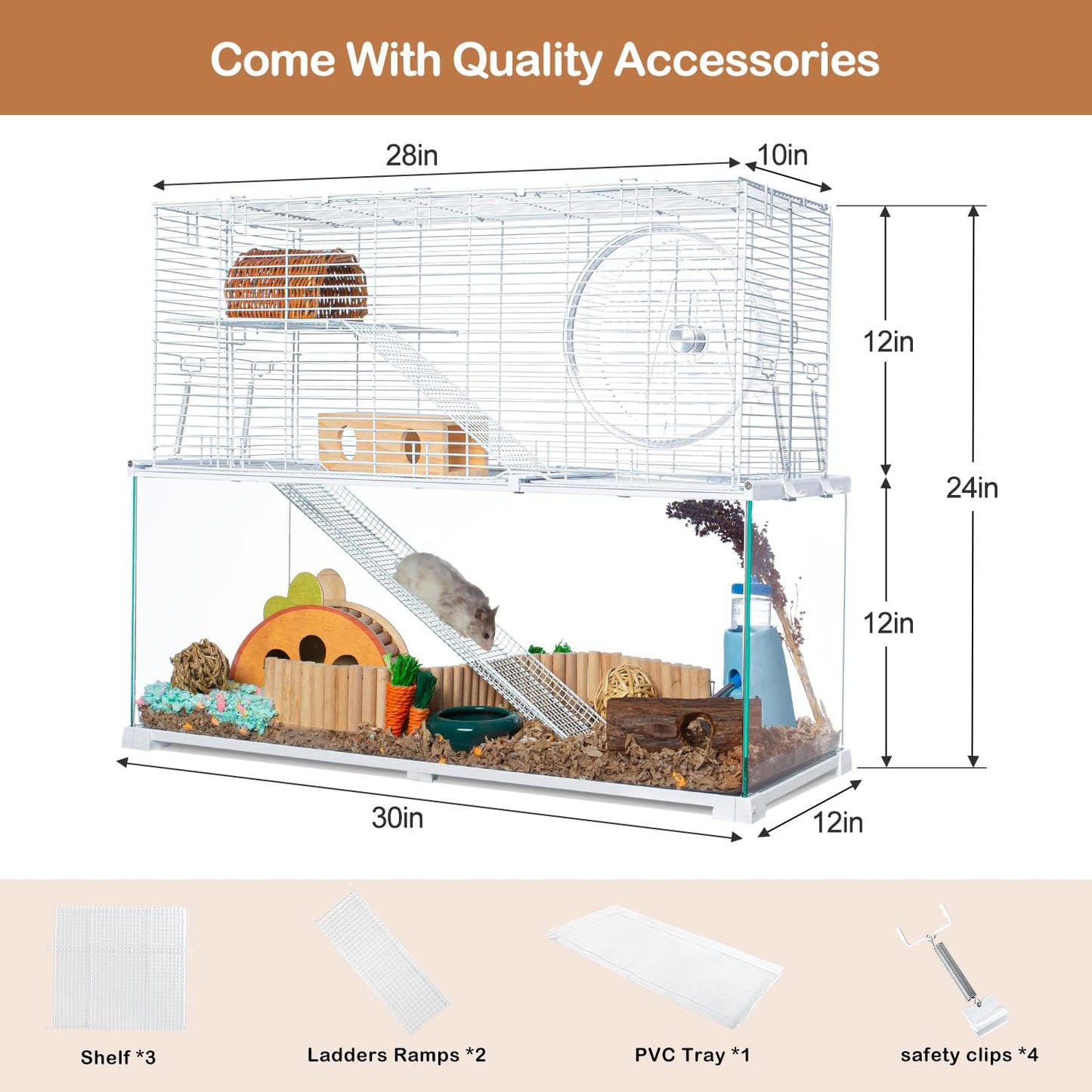OIIBO 3 Tiers Large Hamster Cages, Glass Hamster Cage Habitat with Openable Wire Topper, Gerbil Cage with Two Ladders Ramps and Removeable Waterproof PVC Tray, Easy to Clean