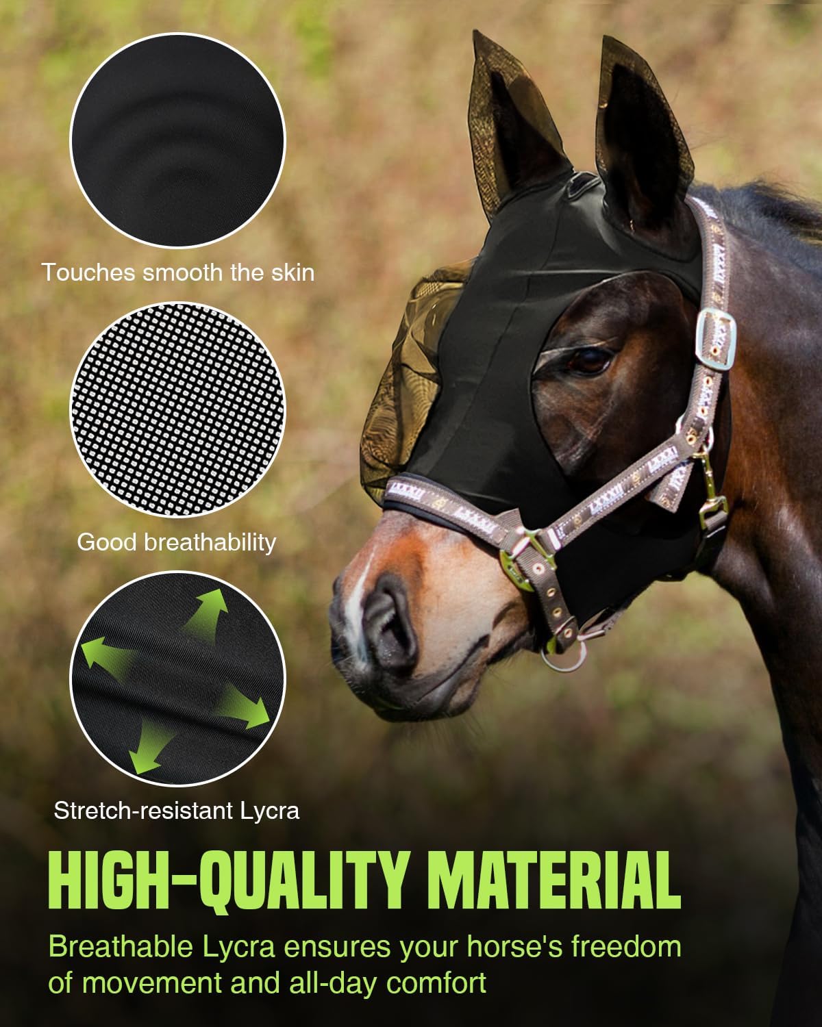 JWODVNTH Fly Masks for Horses with Ears - Large Eye Space, Comfort, UV-Block - Horse Fly Mask for Daily Stable, Hot Weather Riding, and Competition - Full, Black