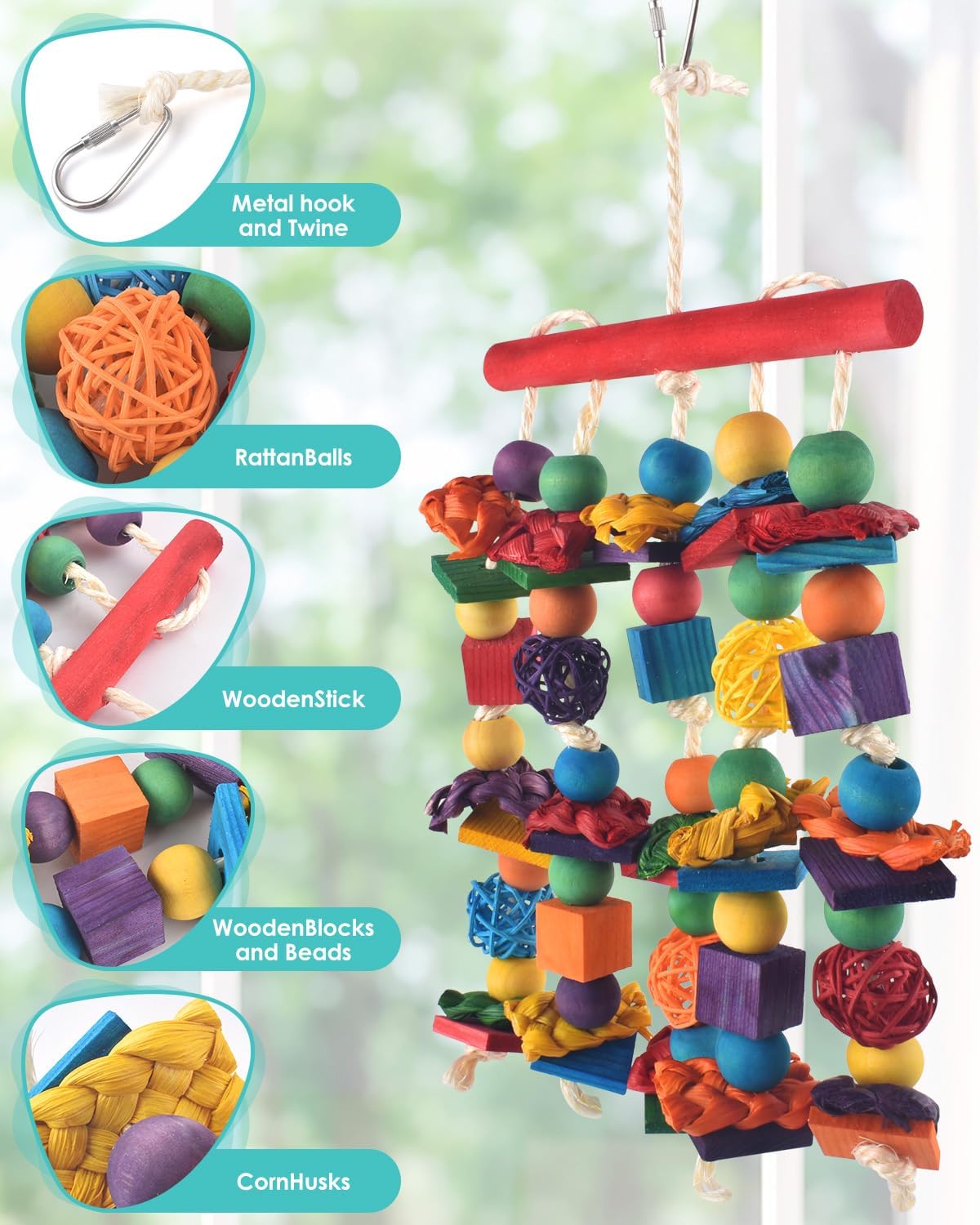 Bird Toys, 2PCS Parrot Foraging Hanging Toy, Multicolored Natural Wooden Blocks Parakeet Chewing Toys mit Rattan Wicker Balls, for Medium Small Cockatoos Budgie Lovebird Cockatiel Conure