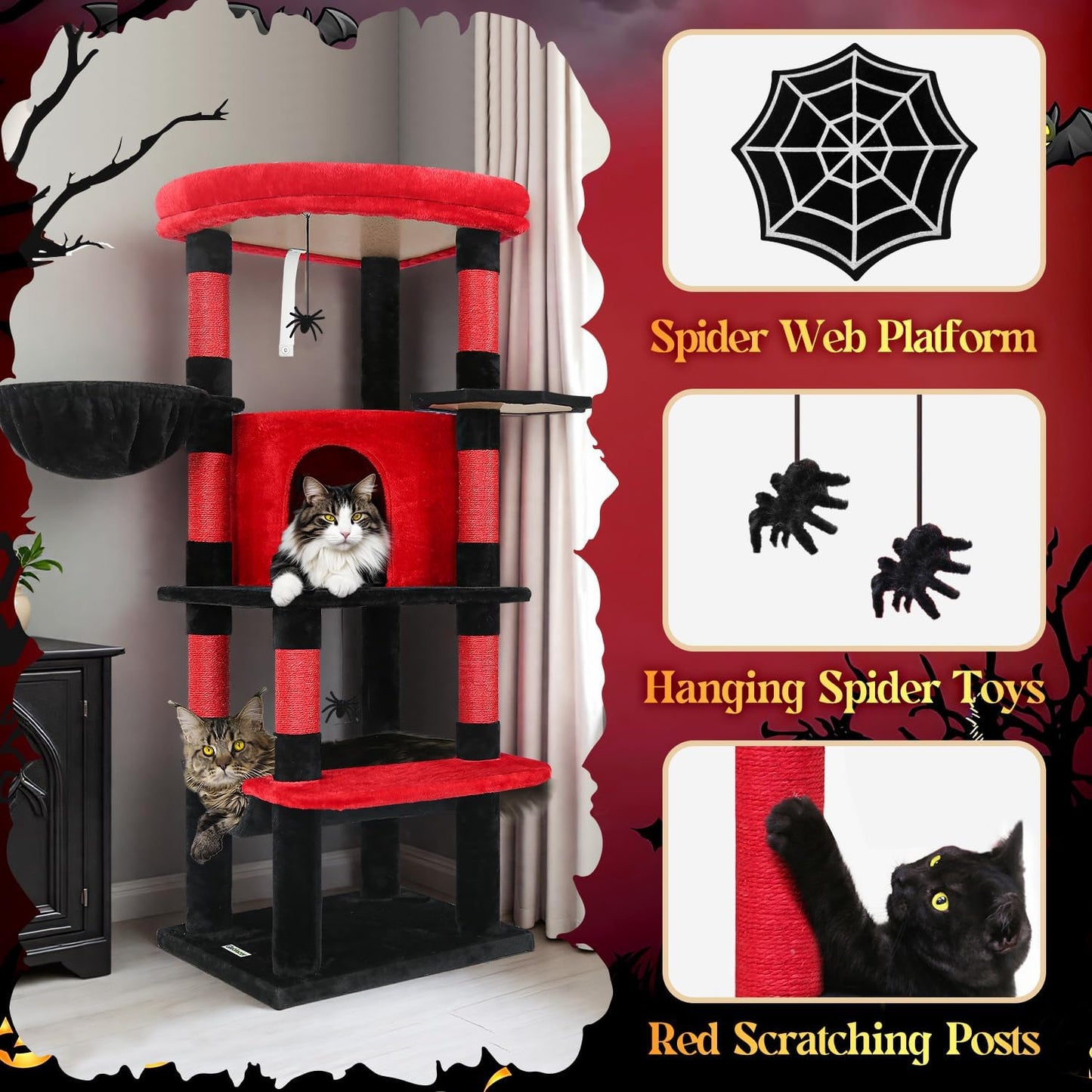 Globlazer Gothic Corner Cat Tree Tower with Scratching Post for Indoor Cats, 51inch Goth Cat Condo Tower with Large Hammock, Fan-Shaped Padded Perch, Spacious Cat Cave, Hanging Basket, C51, Red Black