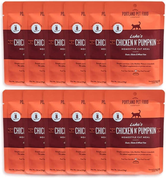 Portland Pet Food Company Human-Grade Mixed Variety Pack Wet Cat Food Pouch Luke's Chicken N' Pumpkin - Moist, Soft Cat Food Mixer, Topper, and Rotational Meal - 12 Pack
