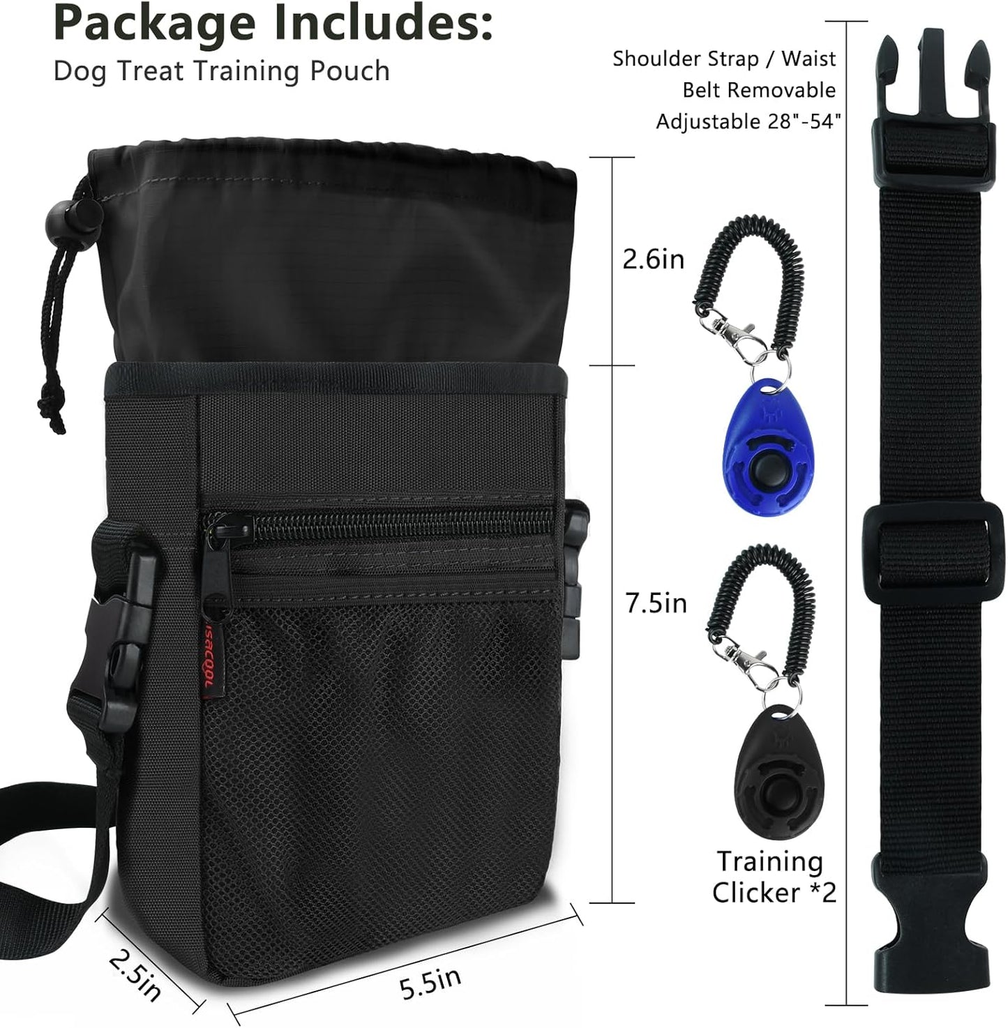 SZO Dog Treat Pouch - 3 Ways to Wear Treat Pouches for Pet Training, Dog Training Treat Pouch Bag and 2 Pieces Clicker Taining for Dogs with Waist Belt Shoulder Strap-Max Black