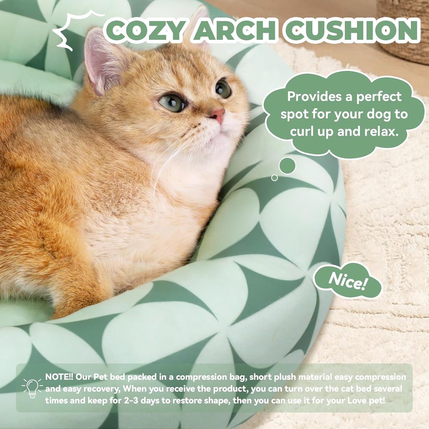 Cat Bed, 20In Dog Beds for Small Dogs, Calming Cat & Dog Beds for Indoor Pets, Pet Beds Comfortable Donut Round Ultra Soft (Green Pattern, 20.0" L x 20.0" W x 6.5" Th)