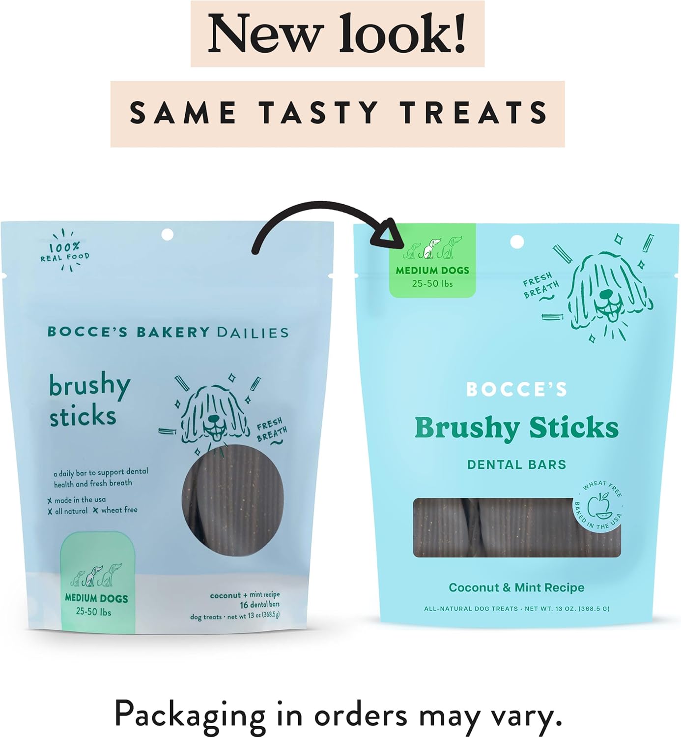 Bocce's Bakery Dailies Brushy Sticks to Support Oral Health & Fresh Breath, Wheat-Free Dental Bars for Dogs, Made with Real Ingredients, Baked in The USA, All-Natural Coconut & Mint, Medium Dogs