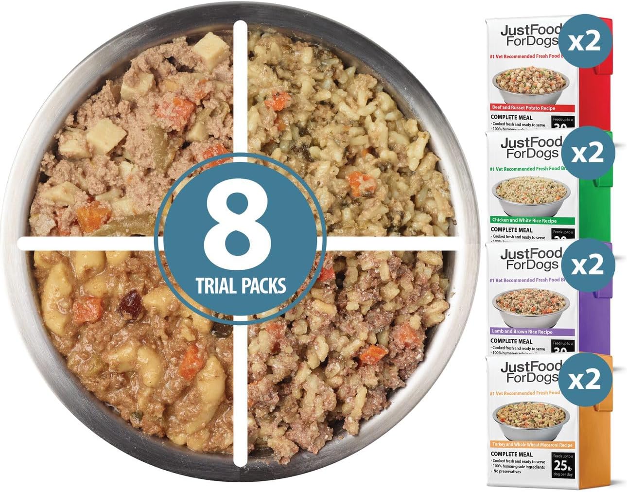 JustFoodForDogs Pantry Fresh Dog Food Variety Pack, Complete Meal or Topper, Beef, Chicken, Turkey, & Lamb Human Grade Recipe - 12.5 oz (Pack of 8)