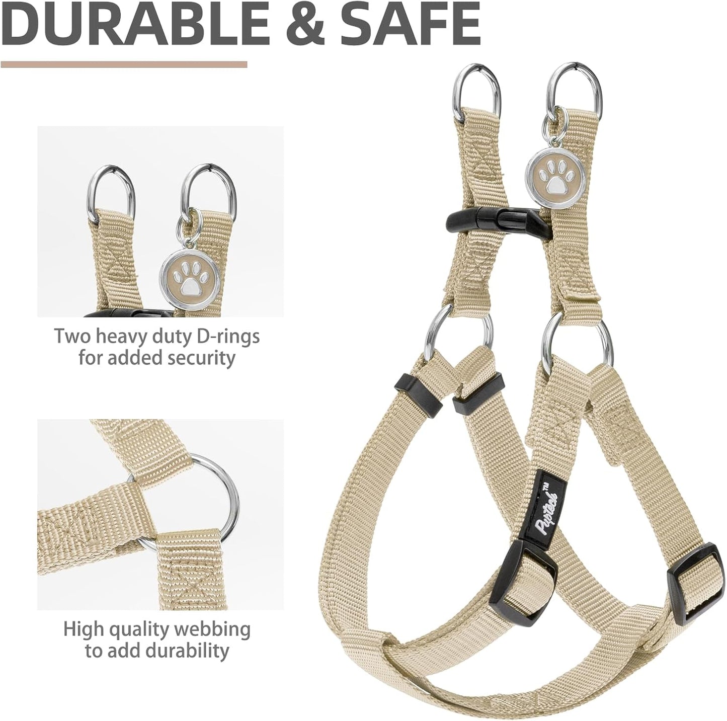 PUPTECK No Pull Dog Harness Soft Adjustable Basic Nylon Step in Puppy Vest Outdoor Walking with ID Tag and A-ir Tag Case, Cream, M