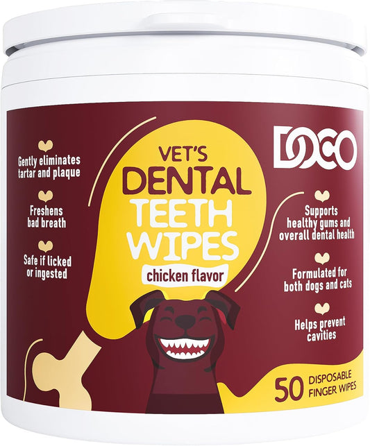 DOCO Dog Teeth Cleaning Wipes Dental Finger Wipes for Cats & Dogs Remove Plaque & Tartar, Freshen Breath, No Rinse, Easy & Effective Pet Tooth Cleaning Kit for Oral Care, Chicken Flavor, 50 Count