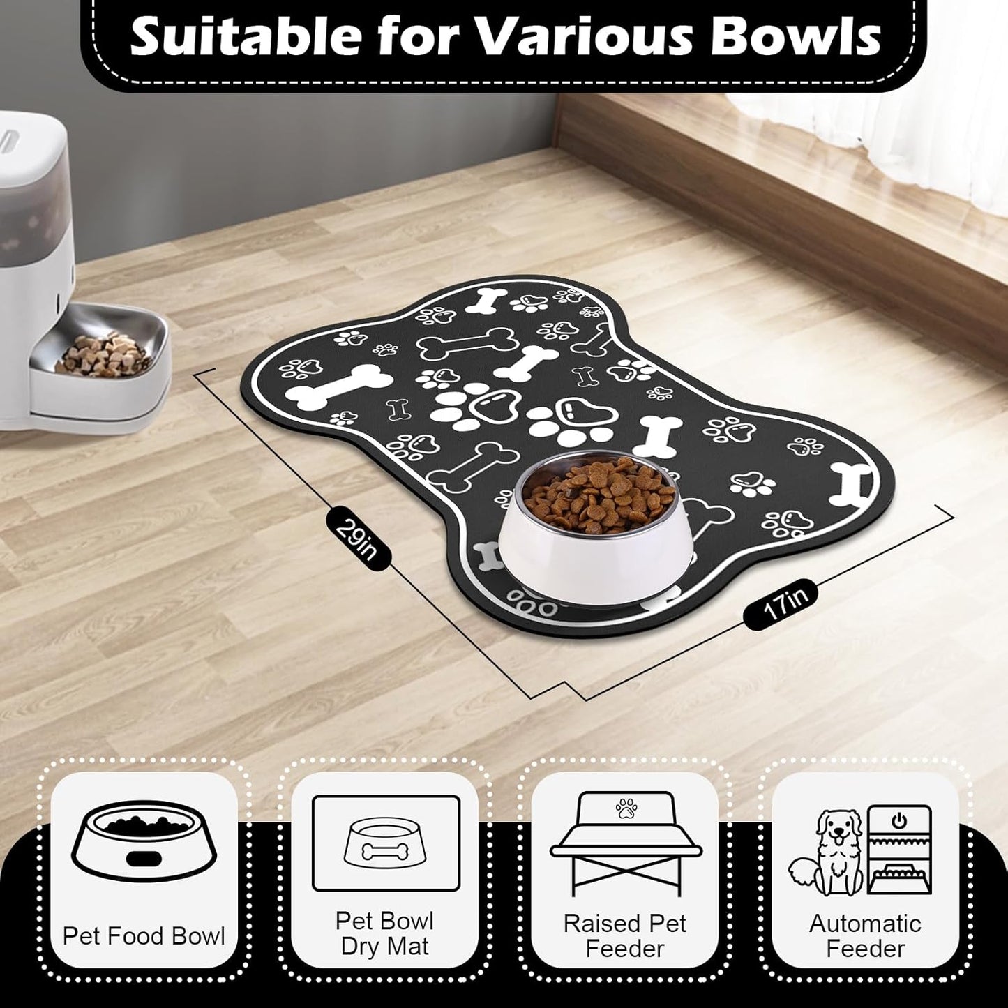 Dog Cat Food Mat,Rapid Absorbent Pet Feeding Mat, Bone Shaped Dog Placemat Water Bowl Mat with Rubber Backing,No Stains Dog Cat Food Mats Indoor, Pet Accessories Supplies 17"×29" Black