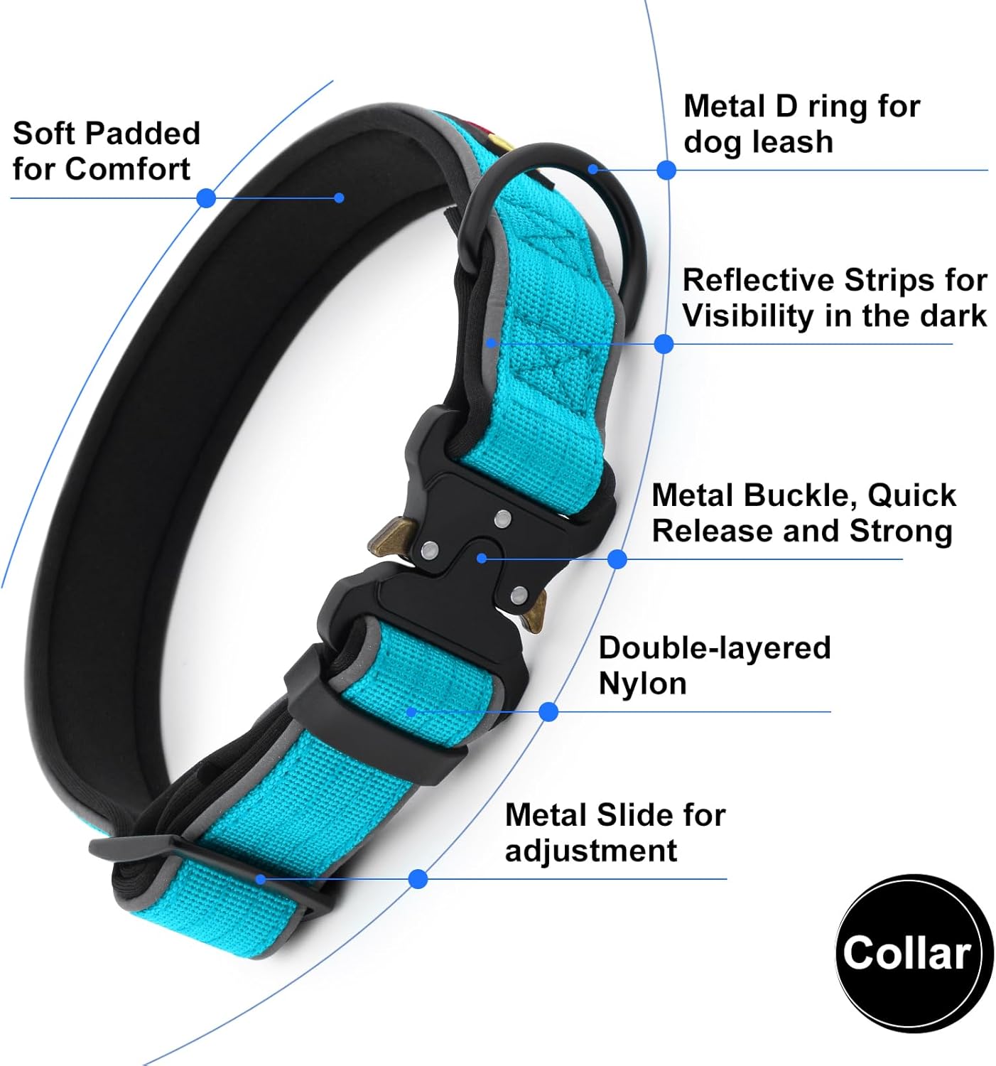Plutus Pet Tactical Dog Collar, Reflective, Adjustable Heavy Duty Dog Collar, Soft Padded and Comfortable, for Small Medium and Large Dogs (Cyan, L)