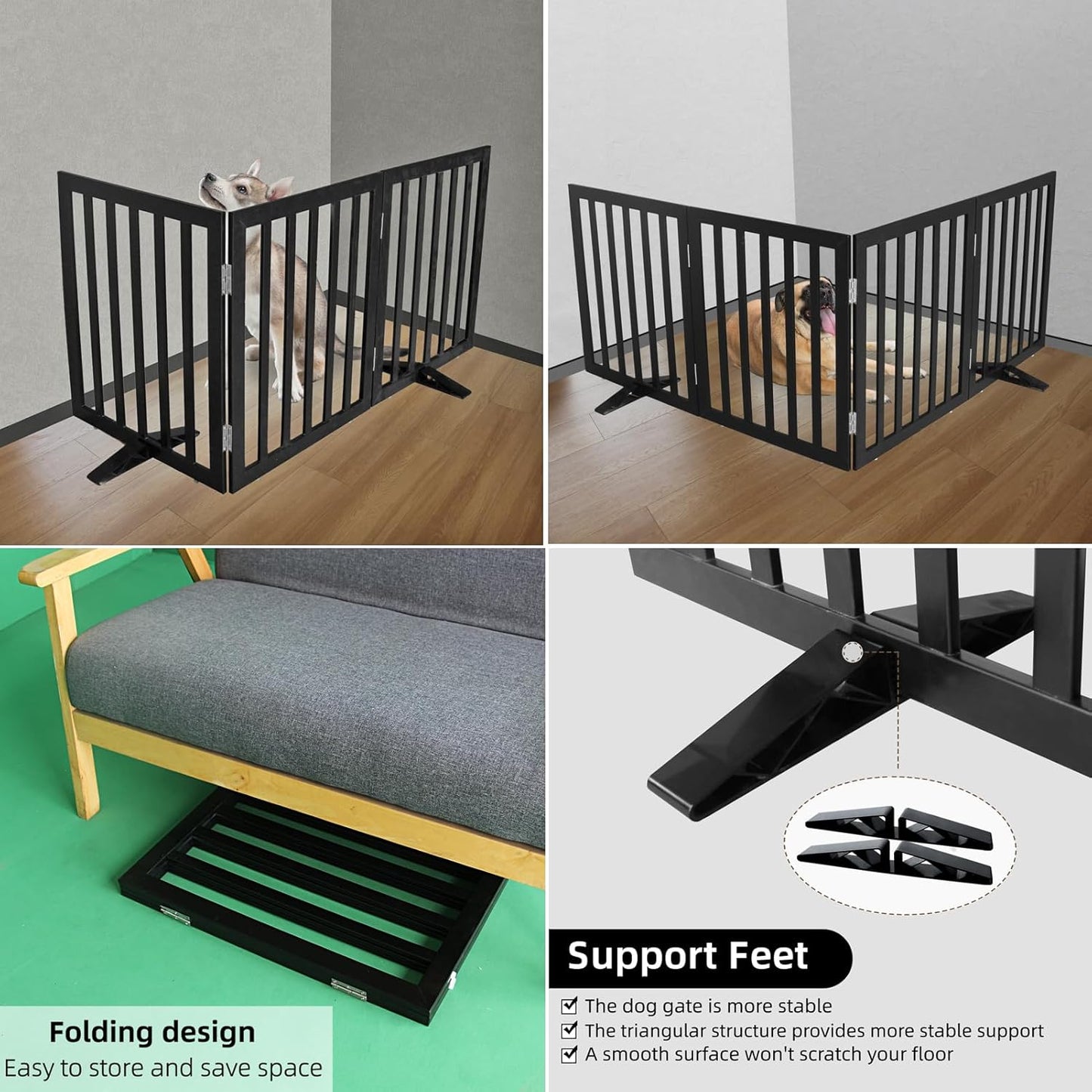 ZJSF Freestanding Indoor Dog Gate for House Foldable Wood Puppy Gate for Doorways Pet Gate for Stairs Extra Wide Pet Fence, Black, 32" Height 3 Panels