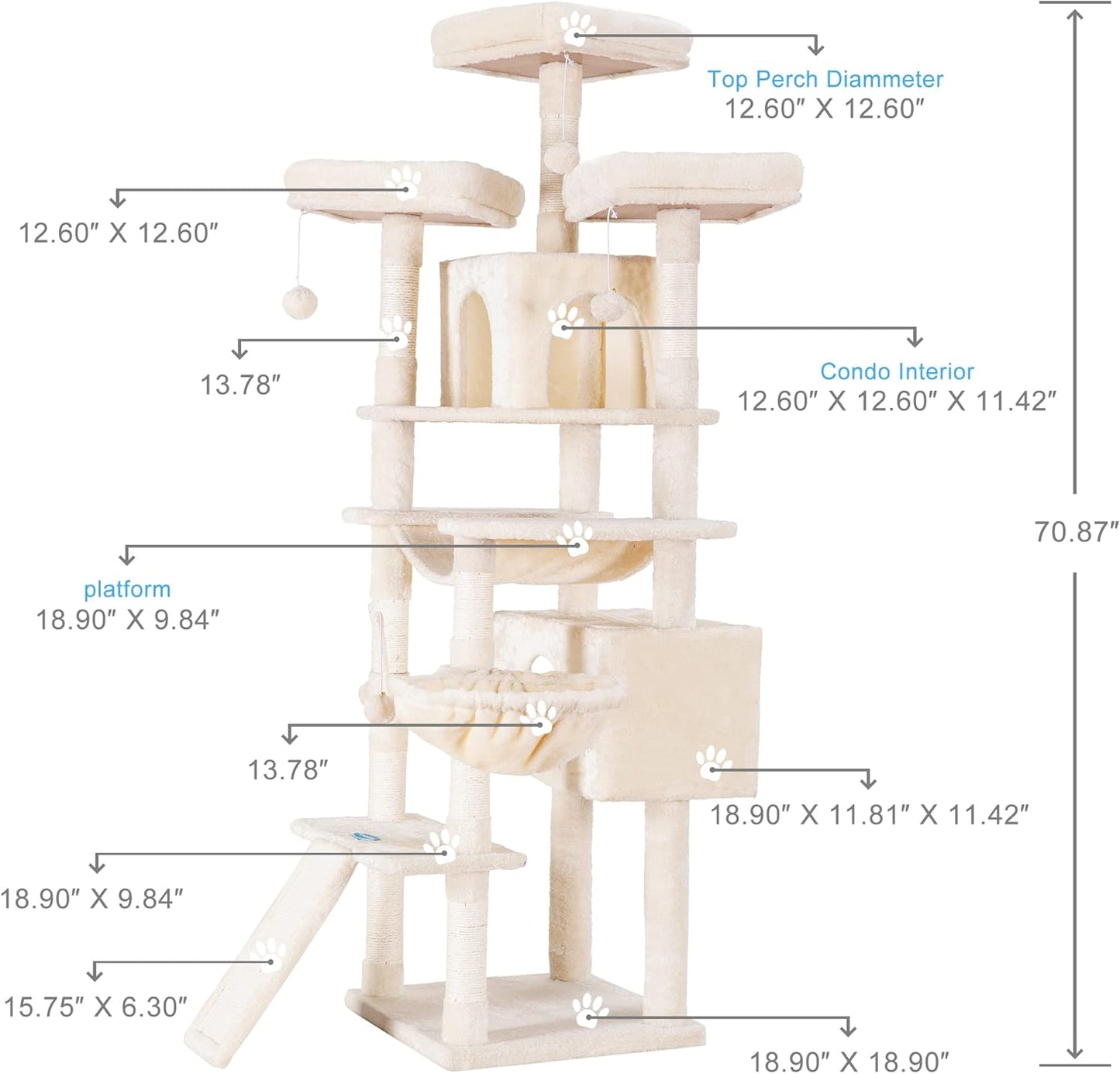 Hey-brother Cat Tree, 71 inches XL Large Cat Tower for Indoor Cats, Multi-Level Cat House with 3 Padded Perches, Big Scratcher, Cozy Basket, 2 Cat Condos and Scratching Posts, Beige MPJ034M