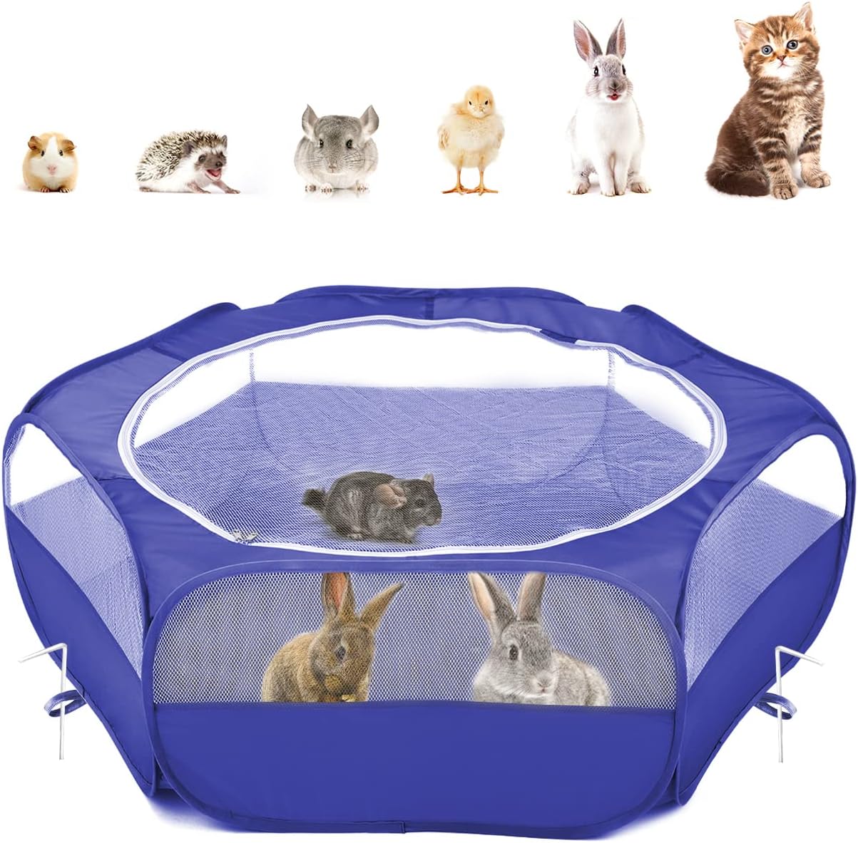 Pawaboo Small Animals Playpen, Waterproof Small Pet Cage Tent with Zippered Cover, Portable Outdoor Yard Fence with 3 Metal Rod for Chick/Kitten/Puppy/Guinea Pig/Rabbits/Hamster/Chinchillas,Indigo
