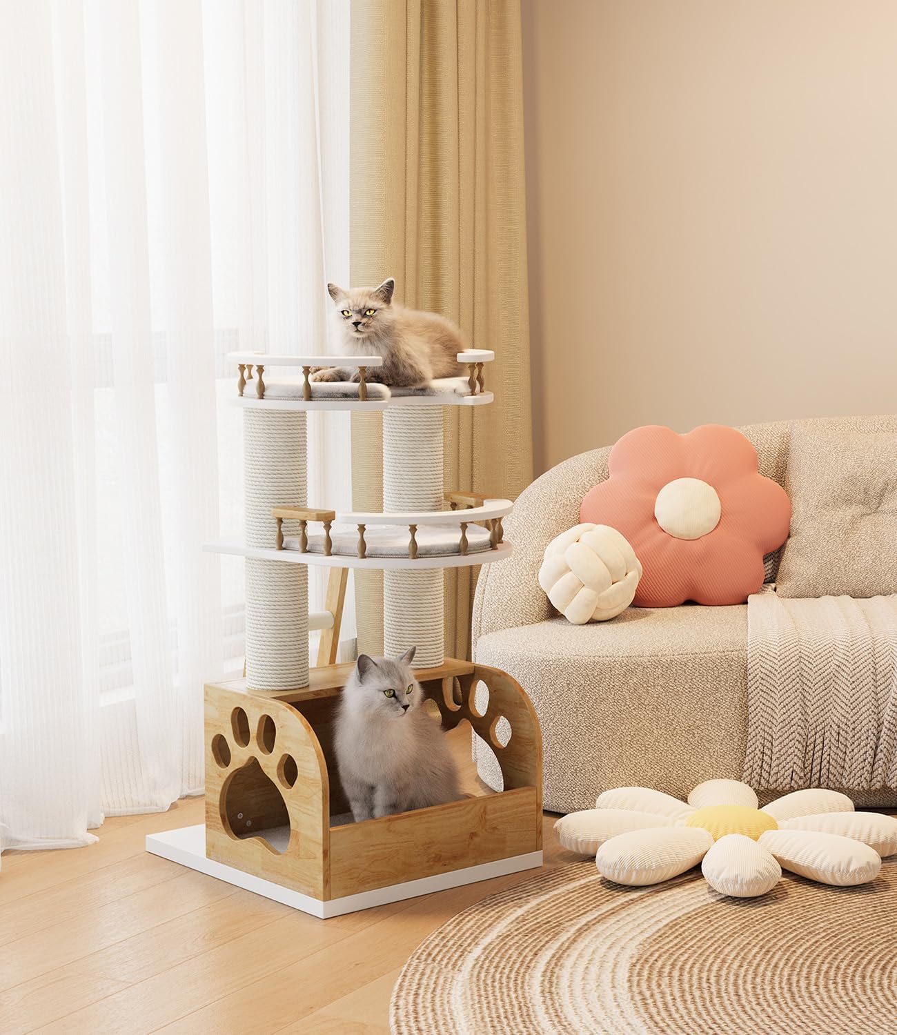 Modern Cat Tree, Solid Wooden Cats Tower, 37" Luxury Cats Trees Condo for Large Cat, Multi-Level Cat Tree Tower Natural Cat House Furniture, with Scratching Posts, Removable Washable Cushions