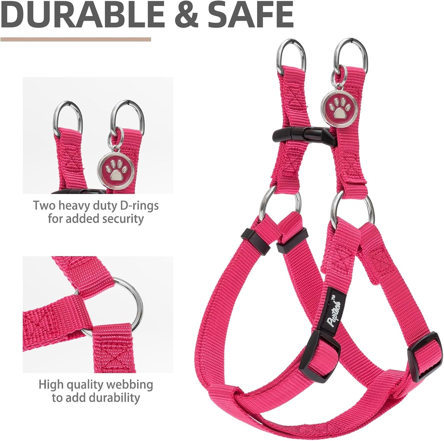 PUPTECK No Pull Dog Harness Soft Adjustable Basic Nylon Step in Puppy Vest Outdoor Walking with ID Tag X-Small DeepPink