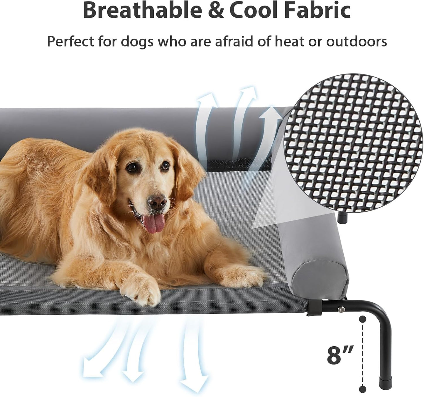 RRPETHOME Large Elevated Cooling Dog Bed, Raised Dog Cot Beds for Large Dogs, Elevated Outdoor Pet Bed, Chew Proof Portable Cooling Pet Cot with Skid-Resistant Feet and Breathable Mesh