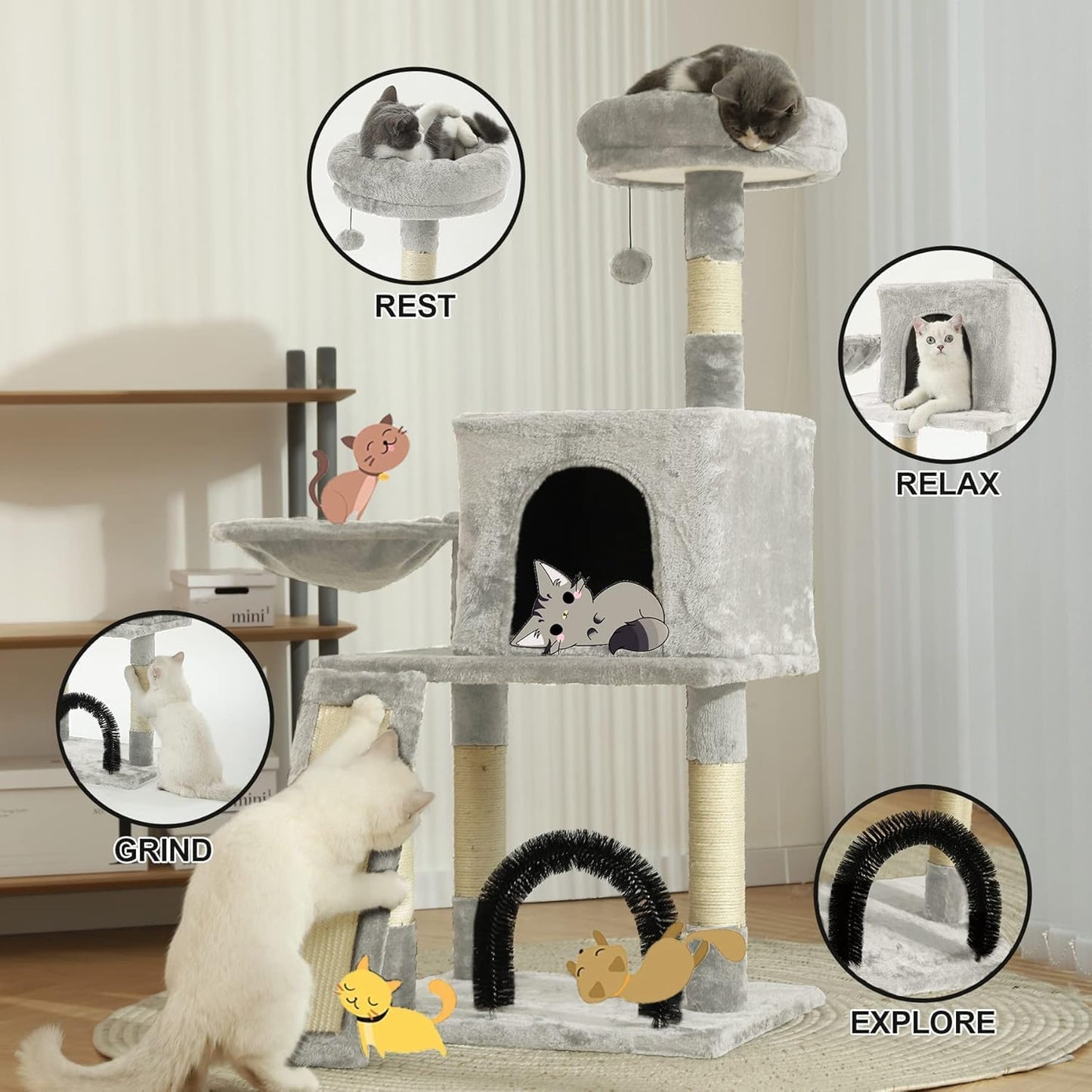 HOOPET 44IN Cat Tree for Indoor Cats - Multi-Level Cat Tower with Hammock, Condo, Scratching Posts, Self-Grooming Brush & Play Ball - Space-Saving Cat Furniture for Small Apartments