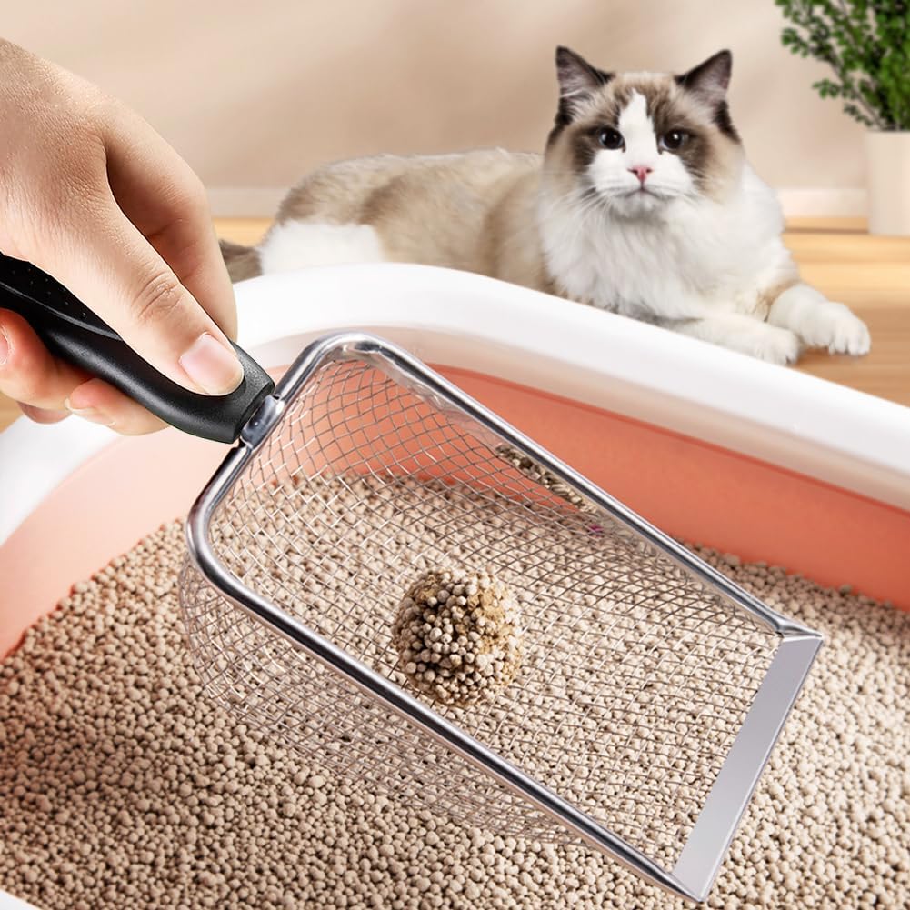 Cat Litter Scoop,Sturdy Litter Cleaner Corner Shovel,Stainless Steel Mesh Litter Shovel,Easy to Clean Reptile Terrarium Sand Waste,Beach Shovel(Black)