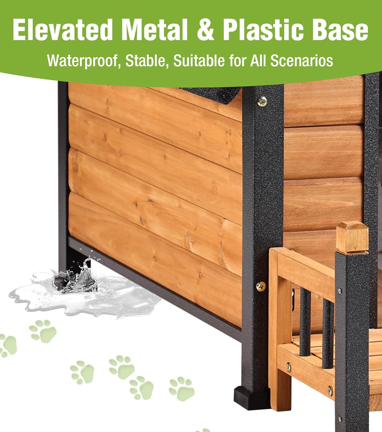 GUTINNEEN Insulated Dog House Outdoor, Waterproof Dog Kennel with Anti-Bite Design, Asphalt Roof, Elevated Base, PVC Curtain, for Small to Medium Dogs - Brown