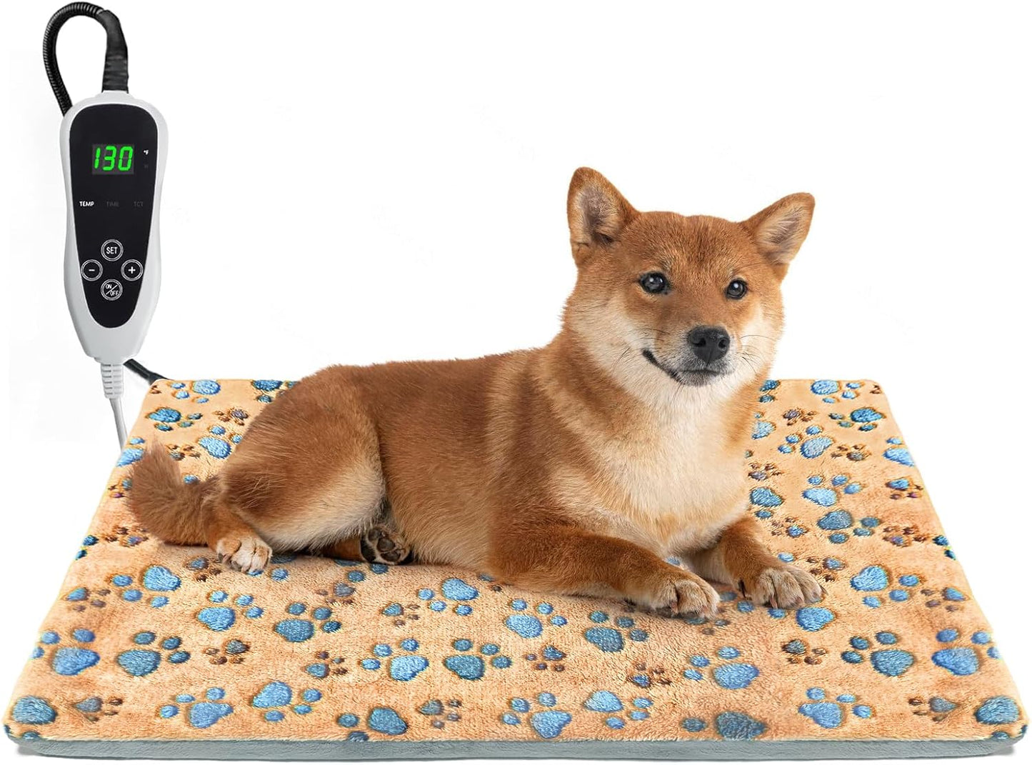 Dog Heating Pad,28×18 in Waterproof PVC Pet Heating Pad, Adjustable Thermostat+Constant On Function, Metal Protective Tube Comes with a Plush Cotton Sleeve，Whelping Box-Apricot