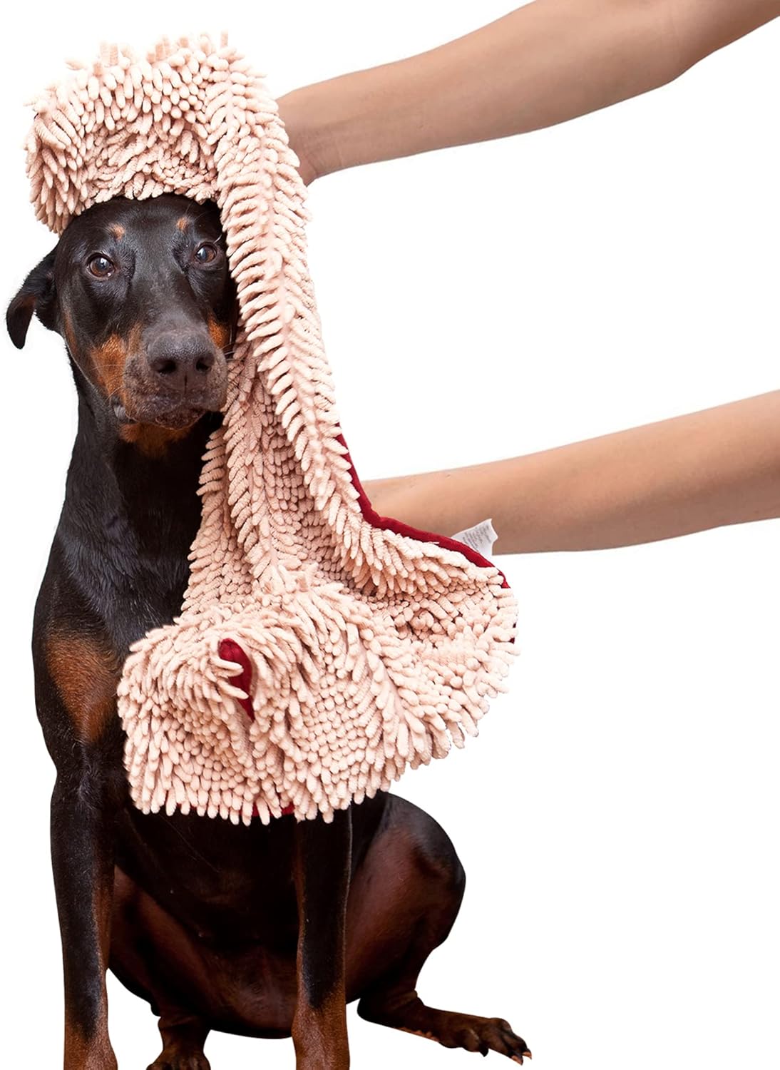 Soggy Doggy Super Shammy Dog Towel - Microfiber Chenille Towel for Drying Dogs and Cleaning Paws - Fast Drying with Hand Pockets for Ease (Beige/Red Trim, 31” x 14”)