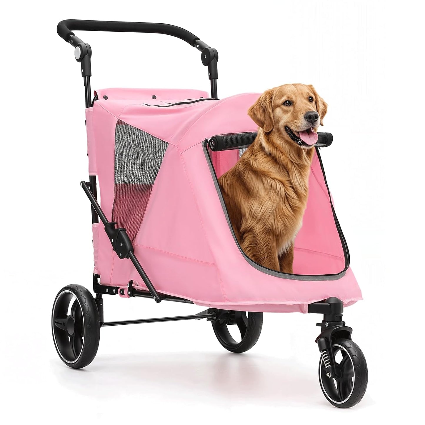 Magshion Pet Stroller for Medium Dogs w/Adjustable Handle, 3-Wheel Dog Cat Wagon w/Dual Entry, Rear Storage, Breathable Mesh, One-Foot Brake, Ideal for Large Pets up to 55 lbs, Pink