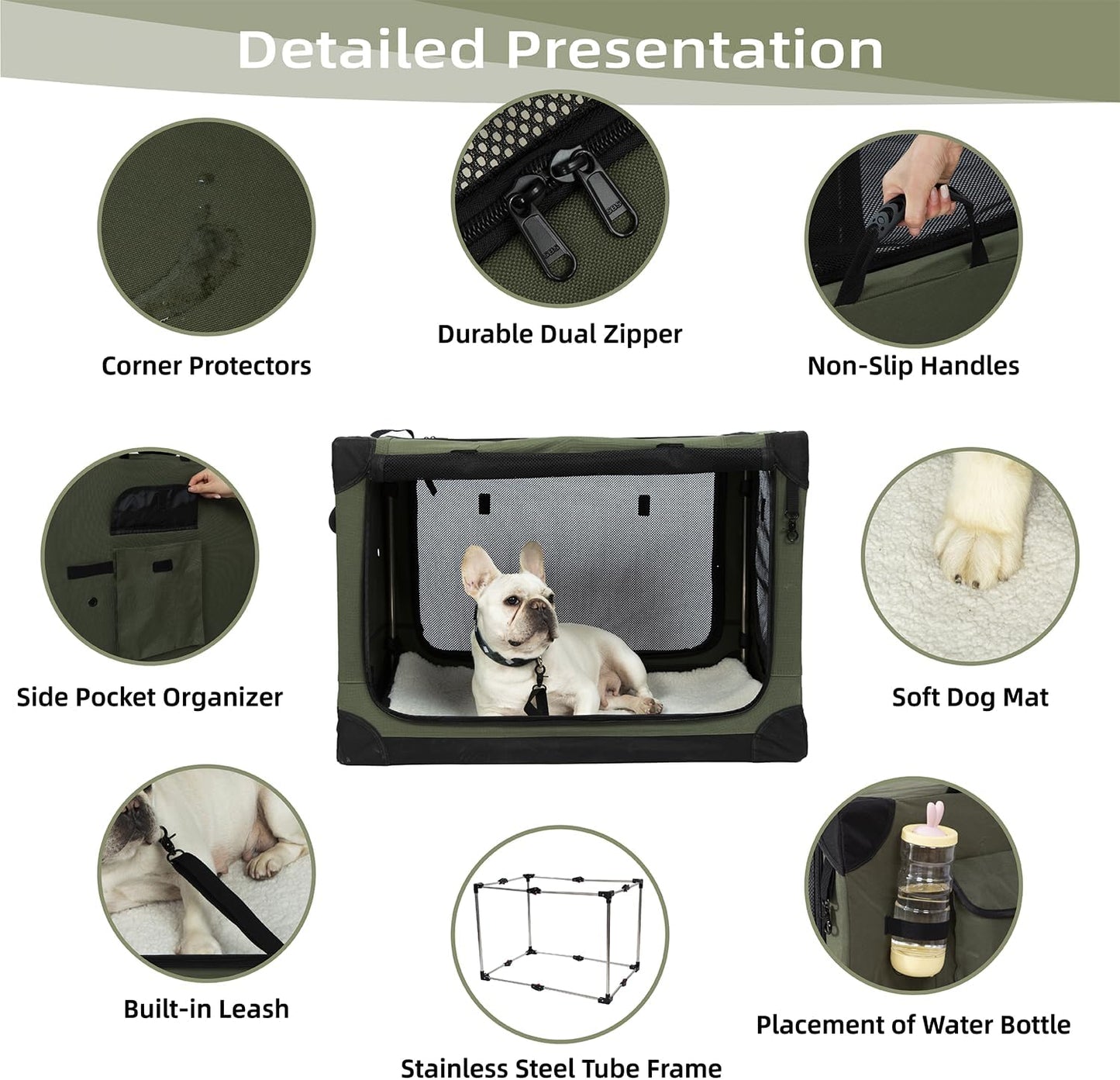 Pettycare Portable Travel Dog Crate 4-Door Soft Sided 30 Inch Collapsible Dog Crate with Curtains Durable Mesh Foldable Pet Kennel Soft Crates for Medium Dogs Indoor & Outdoor Olive Green