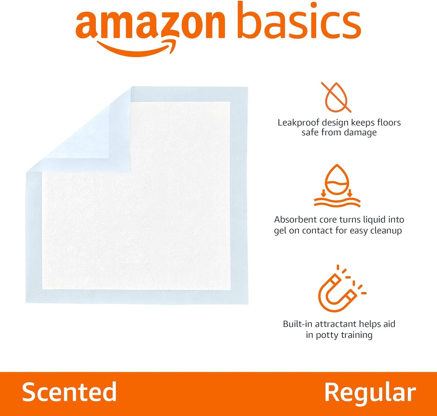 Amazon Basics Scented Dog and Puppy Pee Pads, 5-Layer Leak-Proof Super Absorbent, Quick-Dry Surface, Potty Training, Regular (22x22"), 150 Count, Blue