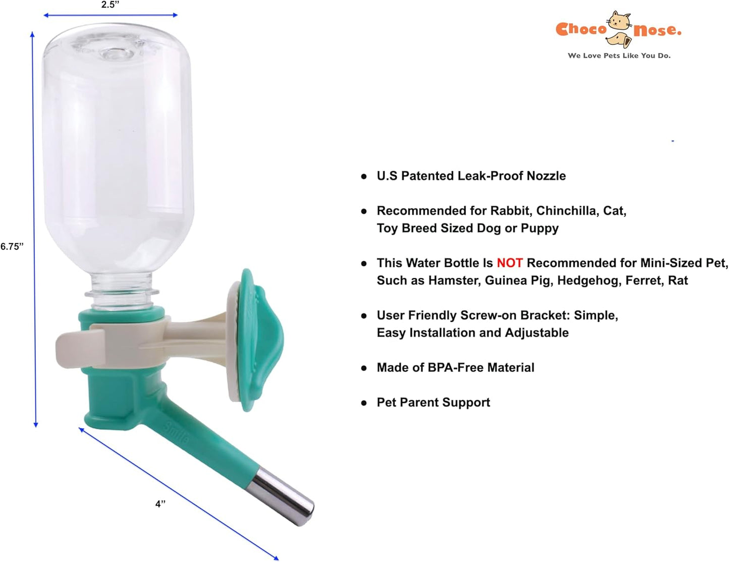 Choco Nose Patented No-Drip Water Bottle/Feeder for Puppies/Toy-Small Breed Dogs/Rabbits/Cats/Chinchillas and Other Small Pets and Animals - for Cages or Crates 10.2 oz. Nozzle 13mm, Aqua (C528)