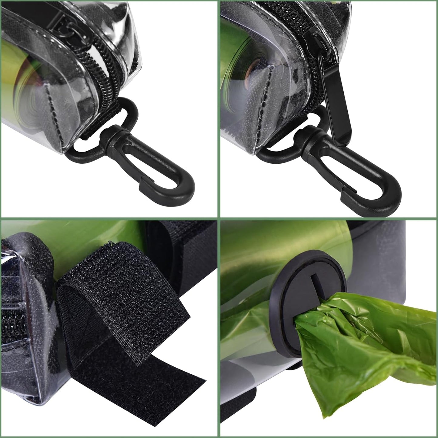 Clear Metal Dog Waste Bag Dispenser & Holder - Portable, 1 Hand Free, Fits Leash Accessory, Set Includes Dog Poop Bags