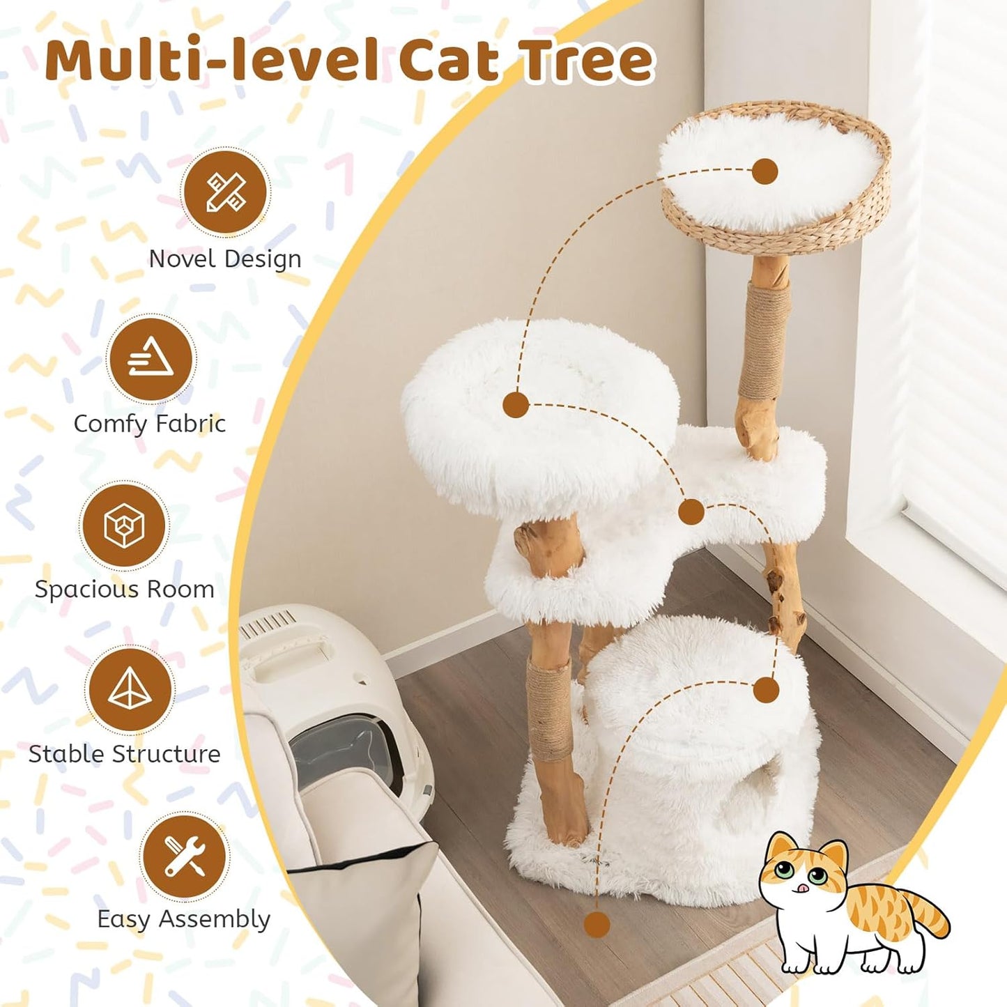 Tangkula Cat Tree Tower, Solid Wood Modern Cat Tower with Top Cattail Basket Bed, Side Perch, Large Platform & Condo, Cute Cat Tree with Scratching Posts for Indoor Cats Large Adult