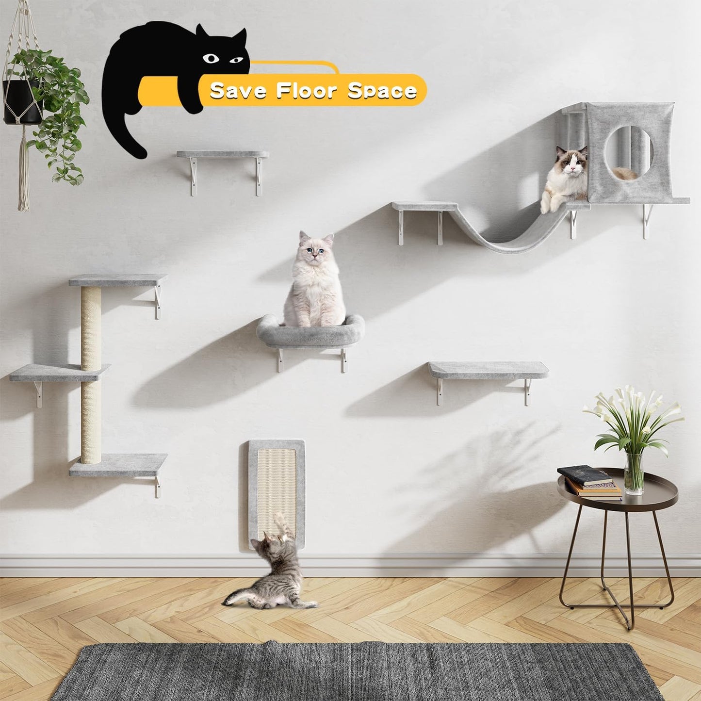 NUNU LAB Wall Mounted Cat Climber Set, 6 Pcs Cat Furniture Set with House, Bridge, Steps, Scratcher Board and Hammock, Shelves for Indoor, Luxury Walls Furniture(Gray)