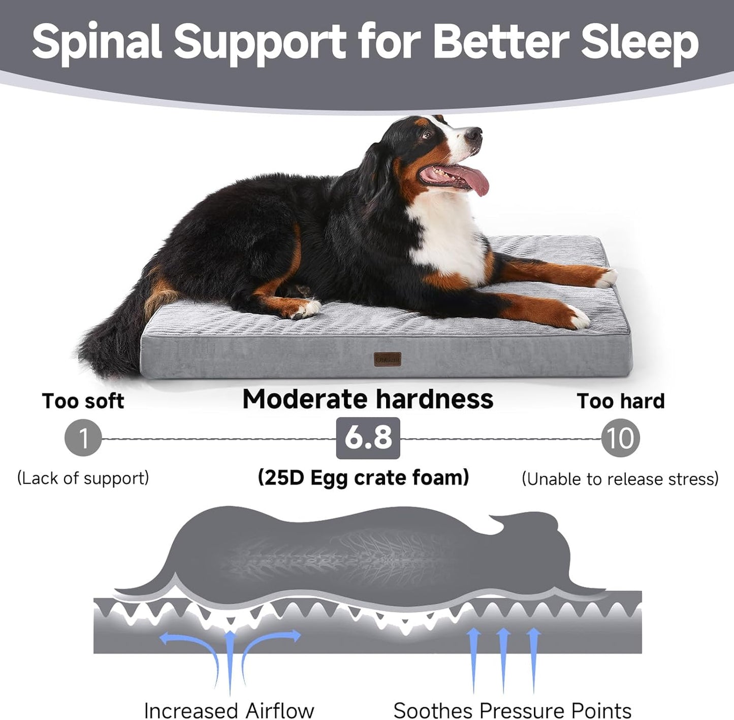 OhGeni Orthopedic Waterproof & Machine Washable Dog Bed for Extra Large Pets, Suitable for Crates, Cat Mat with 25D Egg Crate Foam, Non-Slip Bottom & Removable Cover, Invisible Zipper, 47 Inches(Gray)