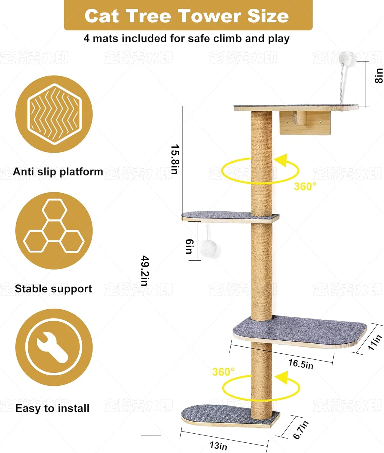 Wall Mounted Cat Tree for Kittens & Small Cats, 4-Tier Cat Wall Climber with Adjustable Grey Felt Platforms, Cat Shelves & Furniture, 49” Tall for Under 30lbs