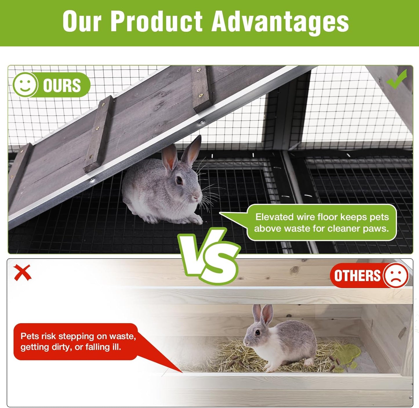 2-Story Rabbit Hutch Indoor Bunny Cage Outdoor Guinea Pig House with Wire Mesh Floor, Leak-Proof Trays, Lockable Wheels for Rabbits, Guinea Pigs, 40.6" L x 26" W x 37.6" H