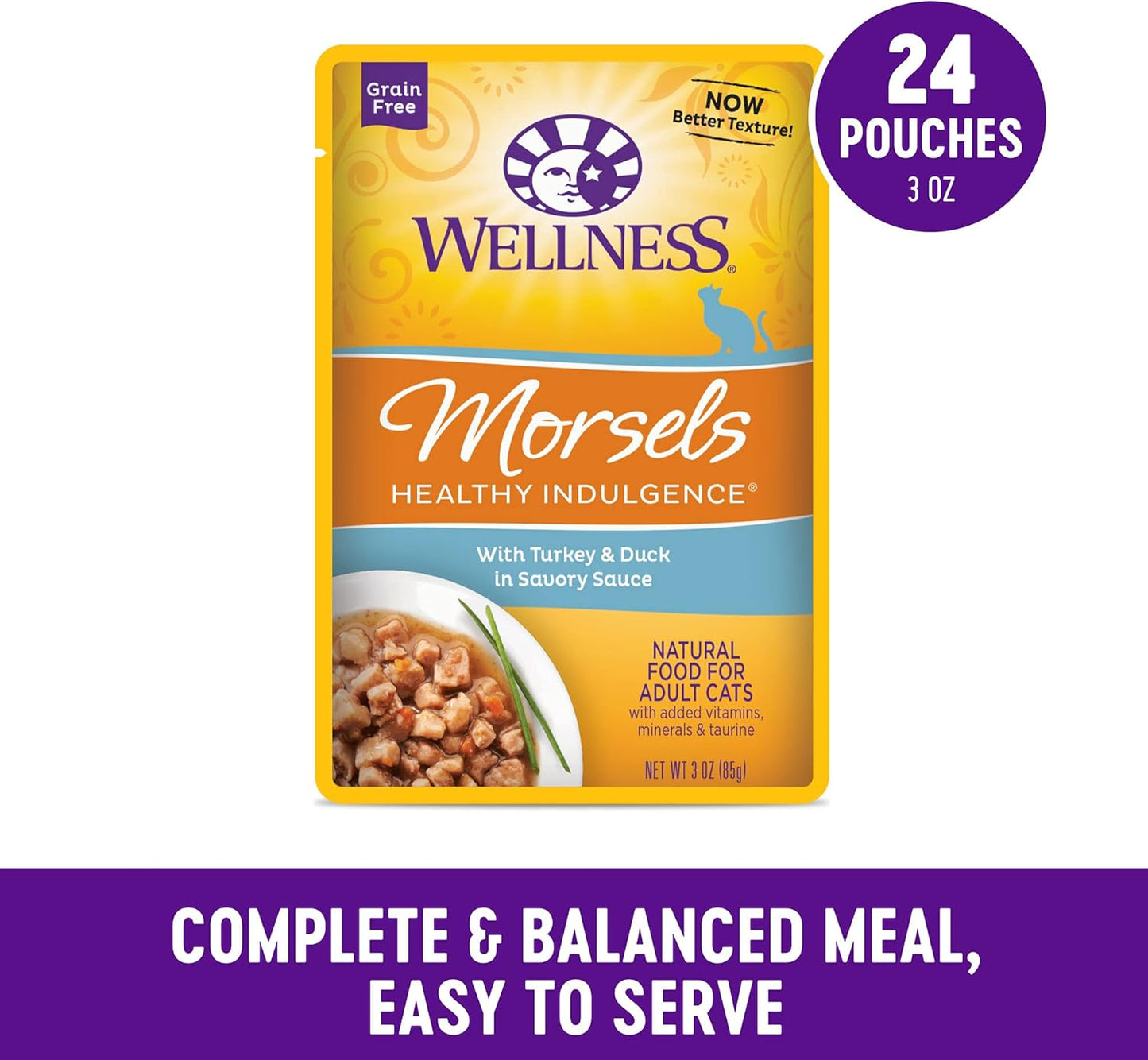 Wellness Healthly Indulgence Morsels Adult Wet Cat Food, Natural, Protein-Rich, Grain Free, 3 Ounce Pouch, 24 Pack, (Turkey & Duck)