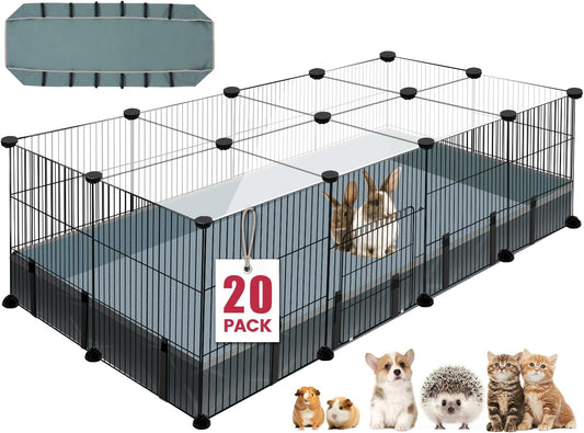 20 Panels Small Animal Playpen, 48" x 24" x 16" Pet Playpen with Waterproof Mat, C&C Cage for Guinea Pigs, Rabbit/Bunny/Baby Chicken Cage,Bunny/Puppy/Chicken Pen Indoor Outdoor Portable Metal Fence