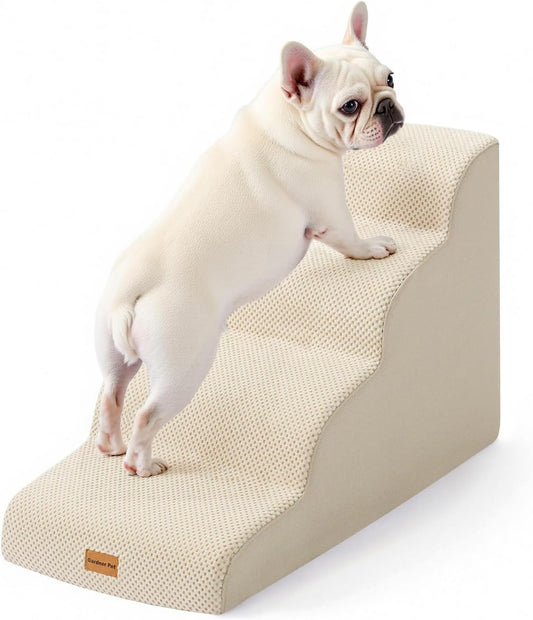 Gardner Pet Dog Stairs for Small Dogs 19.7" H, 4-Step Beige Curved Pet Stairs, Dog Steps for High Bed (18-24 in), Couch with Durable Non-Slip Waterproof Fabric Cover and CertiPUR-US Certified Foam