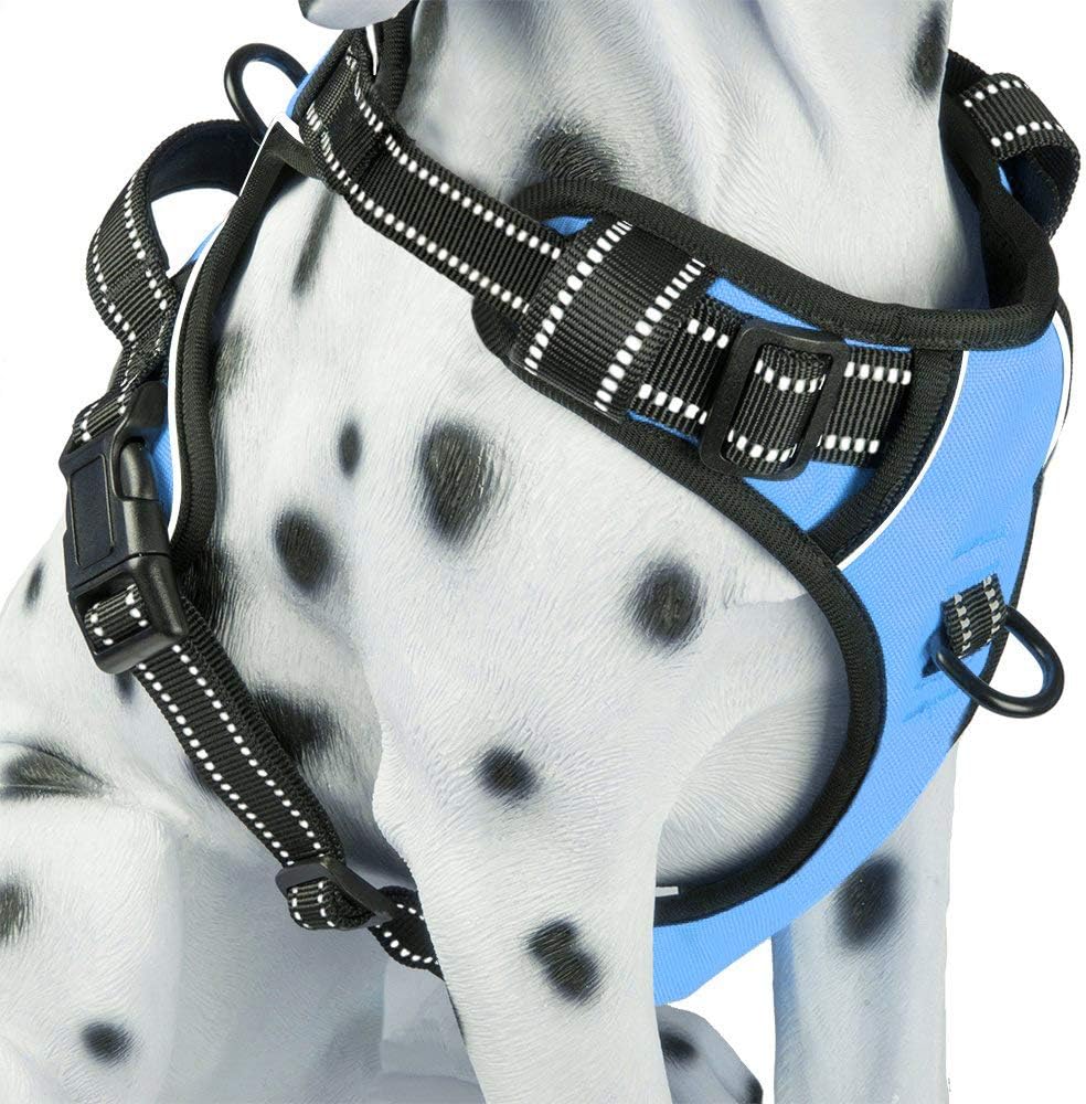 PoyPet No Pull Dog Harness, Reflective Comfortable Vest Harness with Front & Back 2 Leash Attachments and Easy Control Handle Adjustable Soft Padded Pet Vest for Small to Large Dogs (Light Blue,S)